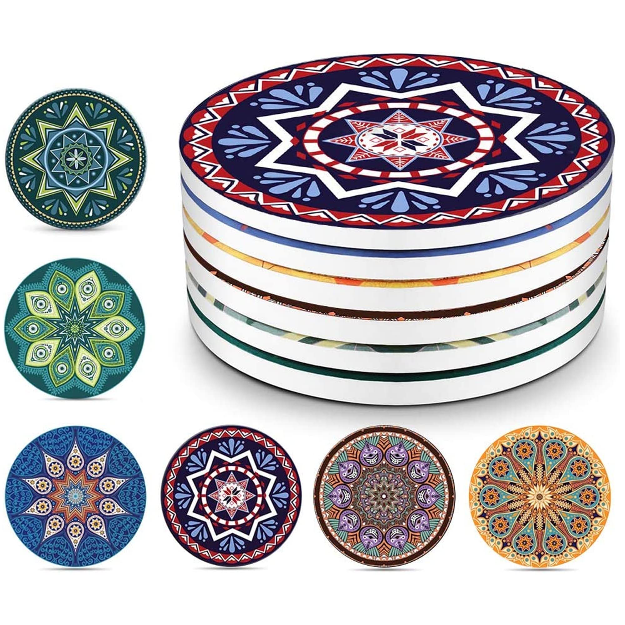 Sulfar Absorbent Ceramic Drink Coasters with Cork Base | Water-Absorbing Table Coasters to Prevent Scratches & Stains | Multicolor (Pack of 6)