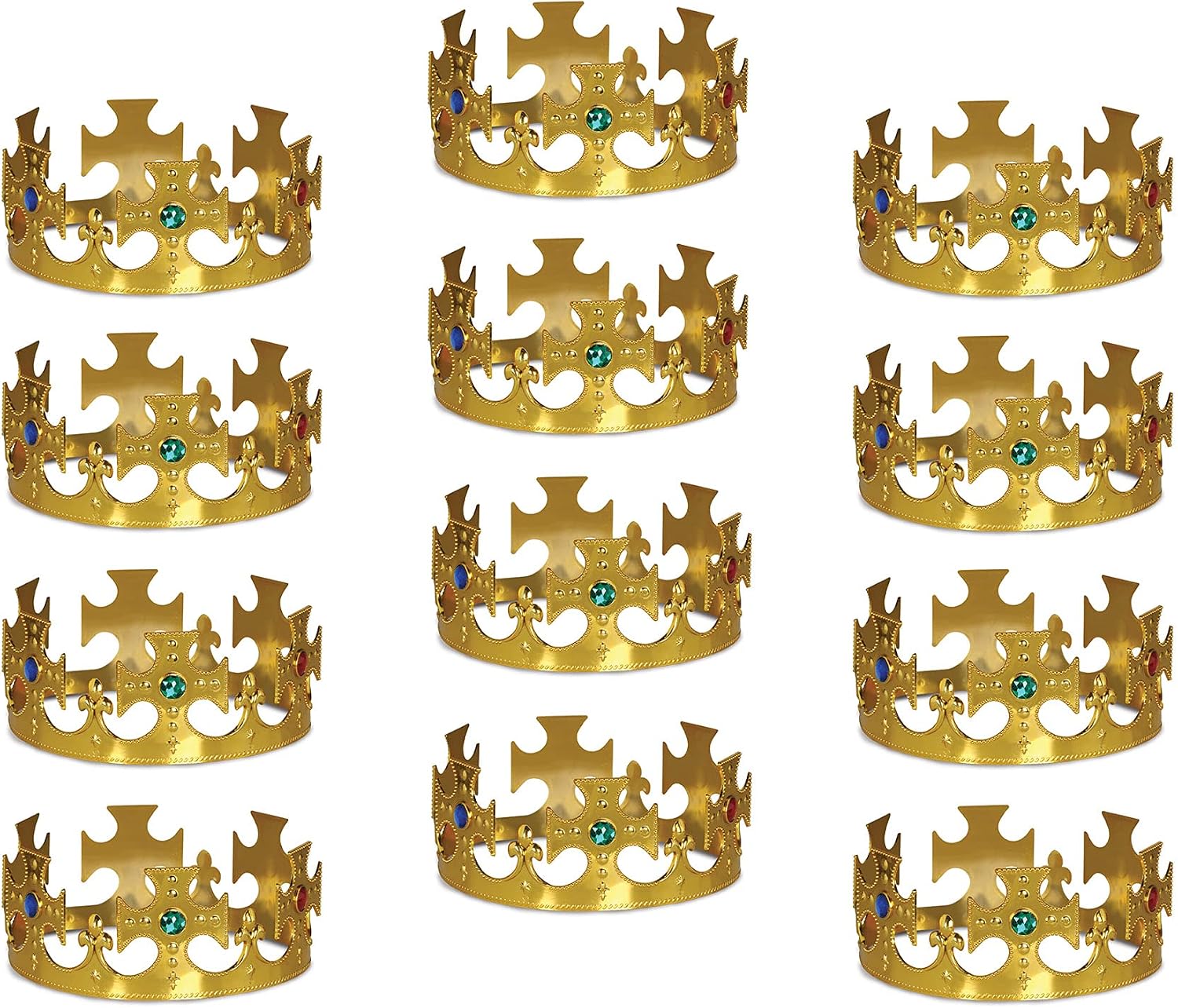 Beistle Plastic Jeweled King’s Crowns – 12-Count Gold Adjustable Costume Headpieces with Gems for Medieval Birthday Parties, Stage Plays, Photo Booths, Mardi Gras and Royal Celebrations