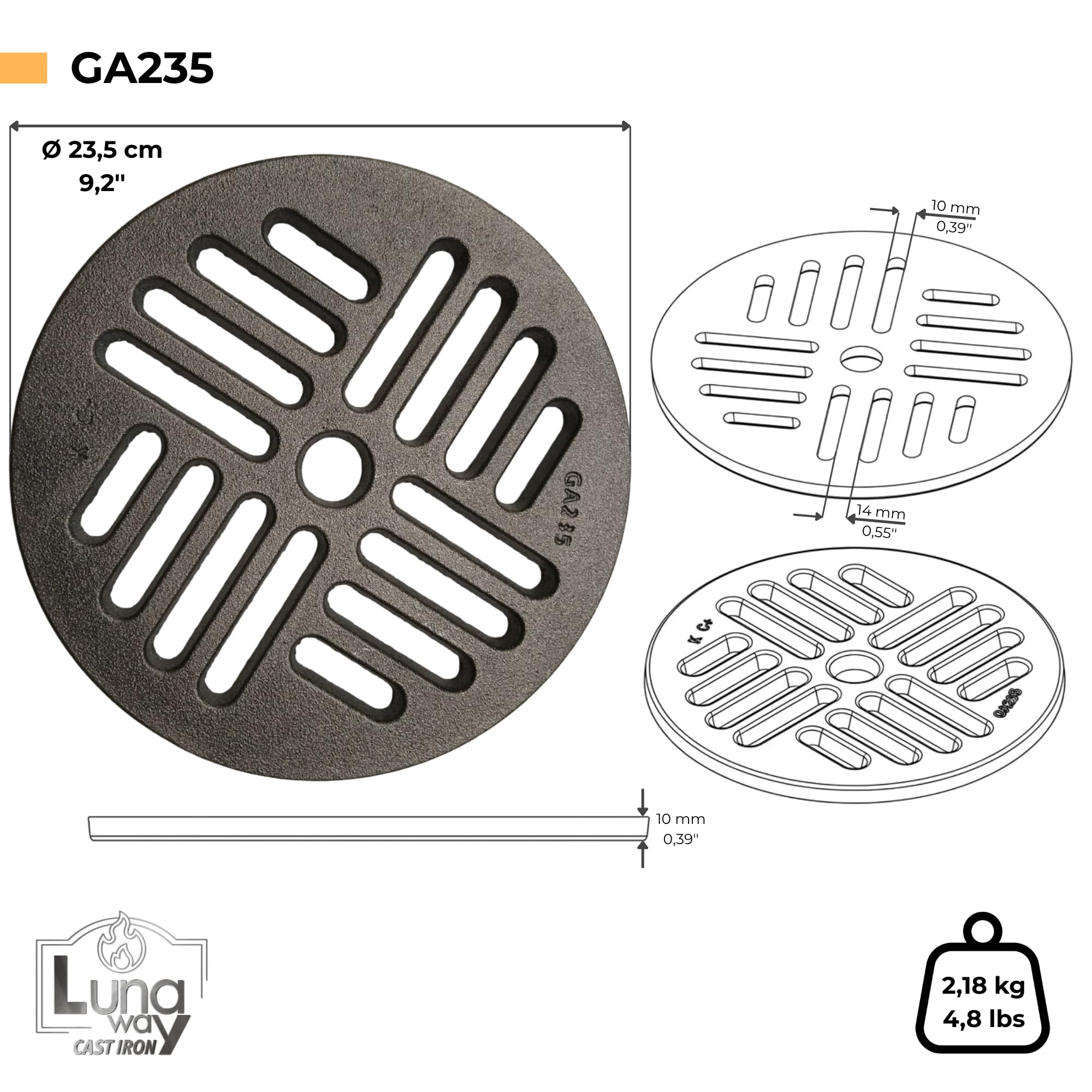 Ø23,5 x Spessore 1 cm - Griglia Cenere in Ghisa Circolare | Ricambio Universale per Stufe a Legna, Camini e Forni | Ventilazione Ottimizzata | 100% Ghisa qualità LUNAWAY