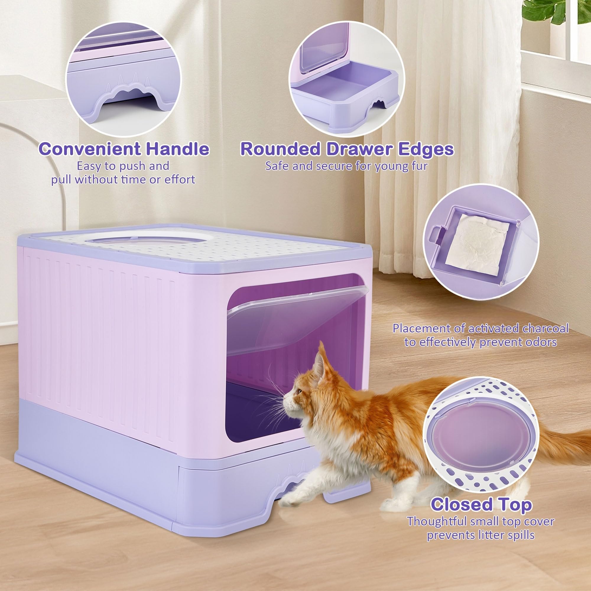 Cat Litter Box with Scoop, Large Foldable Litter Box with Lid, Front Entry Top Exit Kitty Box, Odor Control, Easy to Clean (Purple)