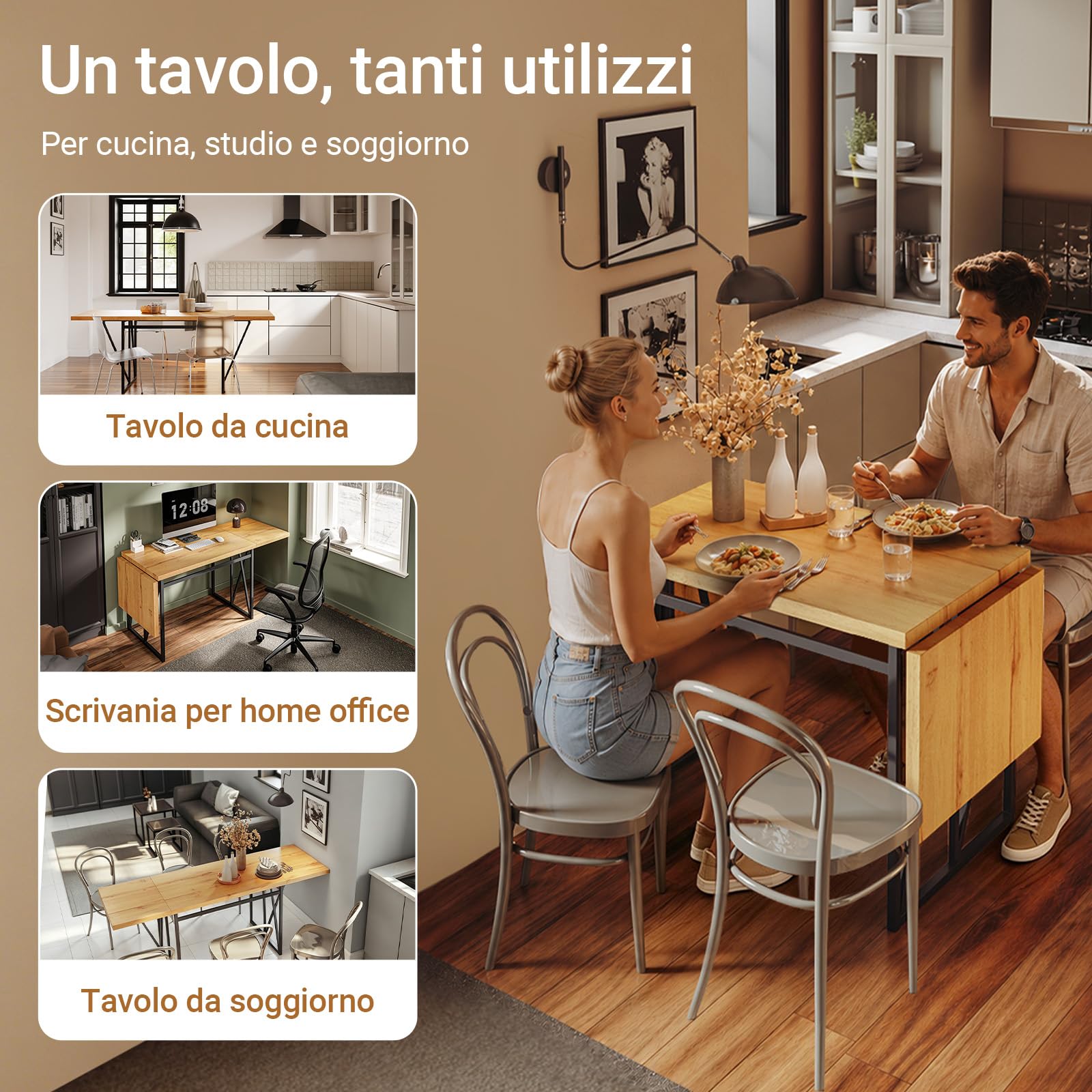 SoBuy Tavolo pieghevole e allungabile per 2-8, 65x(110-200) x76cm | Tavolo da pranzo salvaspazio, piano effetto legno stabile e telaio in metallo, per cucina, sala da pranzo e studio, FWT113-N