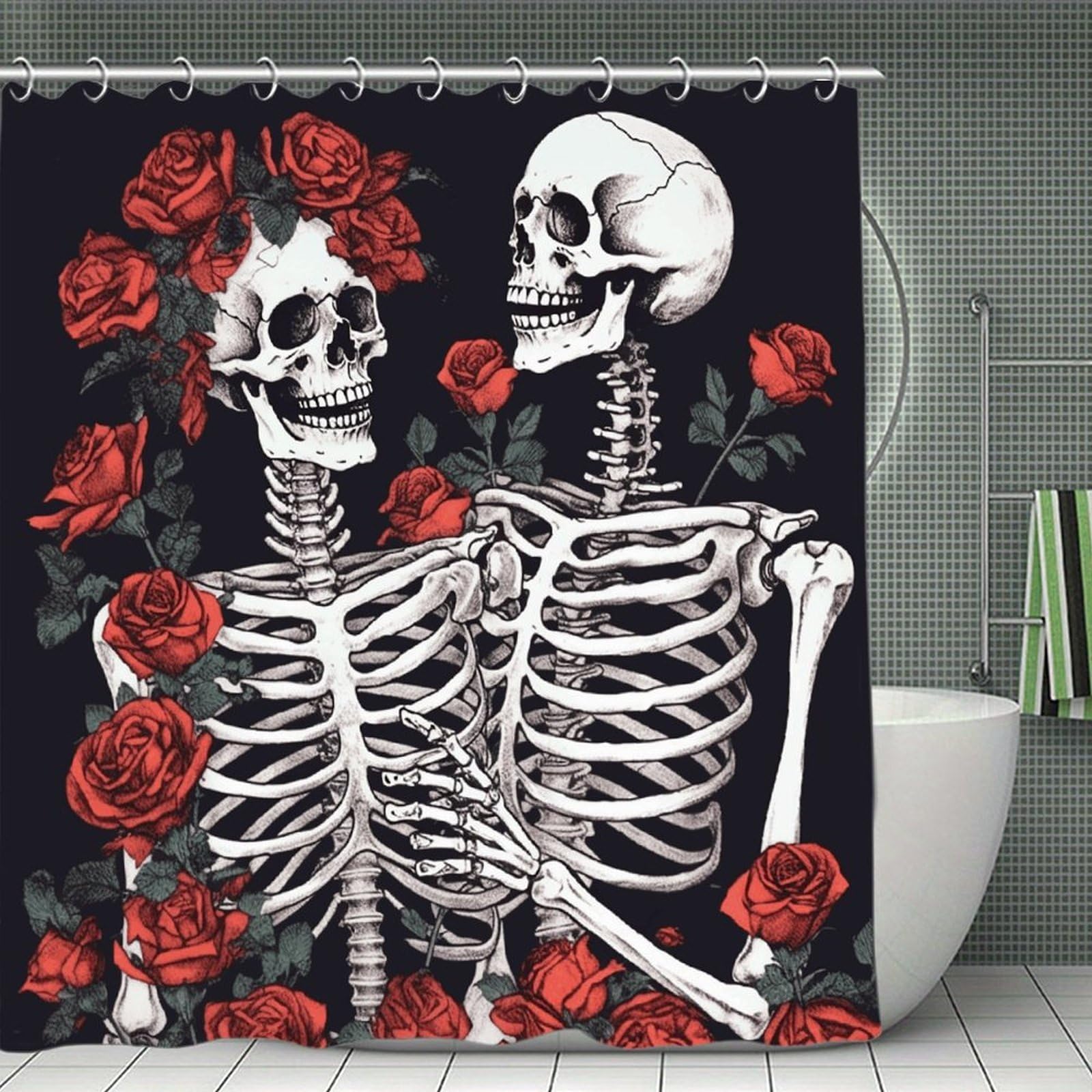 VstaDank Rose and Skeleton Shower Curtain Waterproof Bathroom Curtain with Hooks Luxury Weighted Bath Curtains for Bathtubs Showers Room Dividers Decorative Shower Curtains 71x71 in