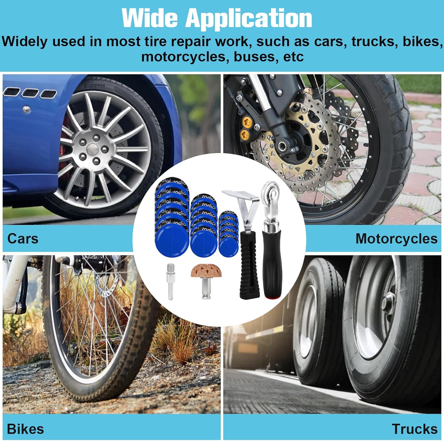 Wayona 35Pcs Tire Repair Patch Kit Heavy Duty, Tire Patches 32/45/58mm Tire Repair Tools with 40mm Tire Buffing Wheel Tire Patch Roller Inner Liner Scraper for Car Tire Grinding Bike Motorcycle Wheel