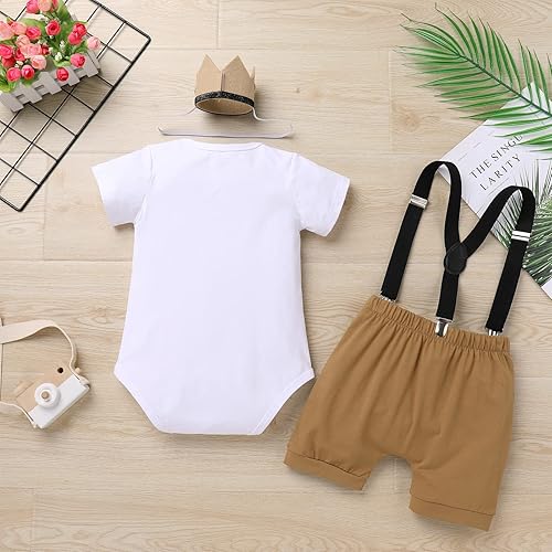 Miniatura 3 de IBTOM CASTLE Traje de 1er cumpleaños para bebé niño, mameluco de animales del bosque de la selva, bombachos y tirantes, 3 piezas, ropa para