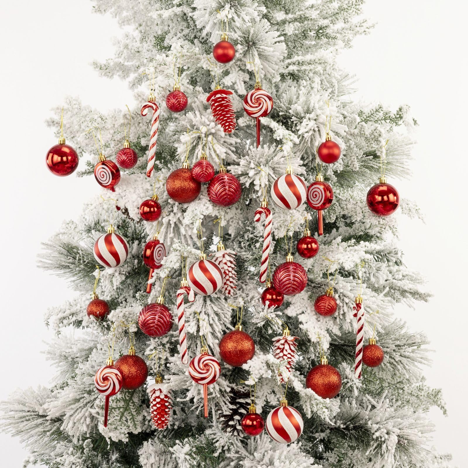 Christbaumschmuck – 50 Stück bruchsichere Weihnachtskugeln mit Zuckerstangen-Motiv | Christbaumschmuck & Weihnachtsdeko für die Weihnachtsfeier zu Hause (rot)