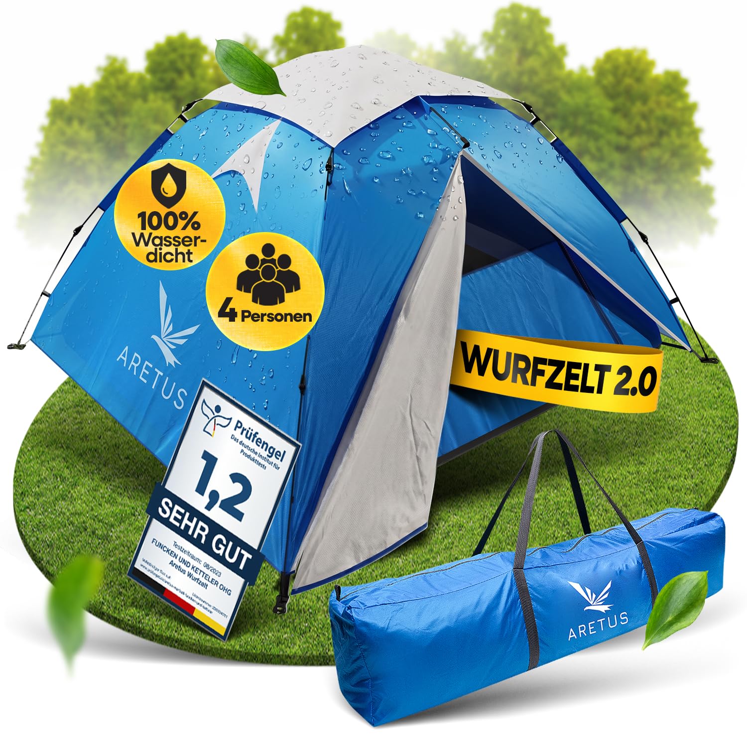 Aretus Wurfzelt - extra wasserdicht & stabil, schneller Auf & Abbau in 45 Sekunden | Wurfzelt 2 Personen wasserdicht, Wurfzelt 3 Personen, Wurfzelt 4 Personen, Pop Up Zelt 4 Personen. 3 Personen Zelt