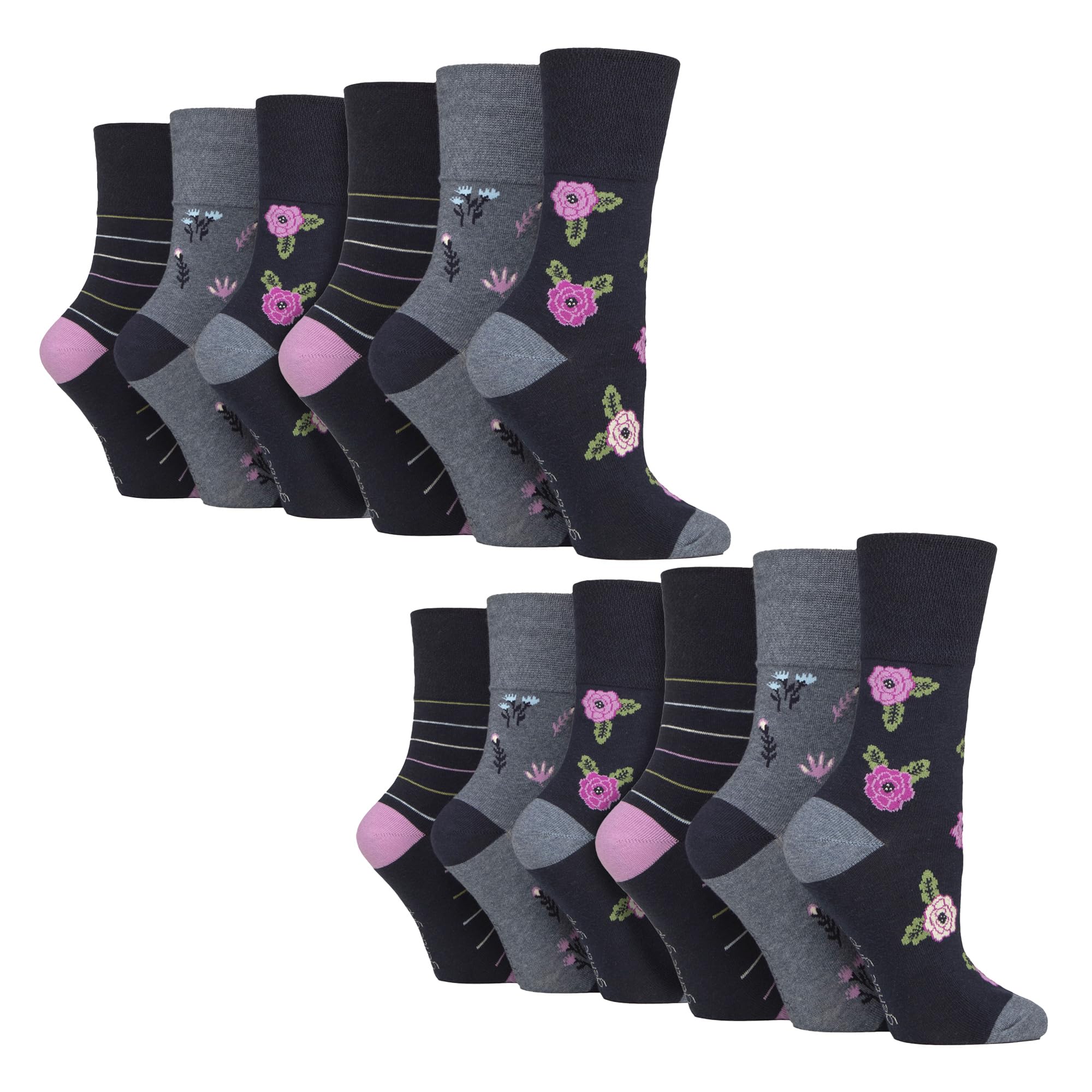 SOCK SHOP GENTLE GRIP - 12 Pairs Ladies Cotton Socks | Patterned Soft Non-Binding Everyday Socks (4-8, Floral)