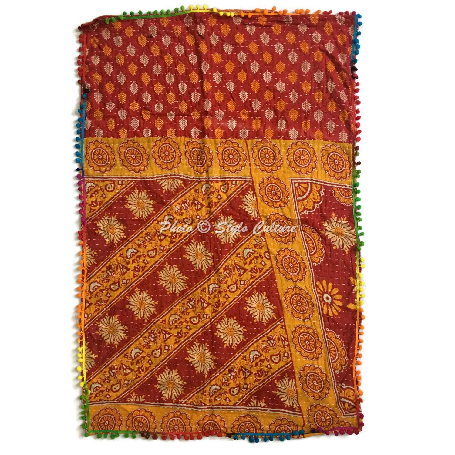 Stylo Culture Indian Cotton Baby Blanket Quilt for Girls Soft Thin Vintage Kantha Embroidered Childrens Quilt Multicolored Floral Printed Rectangular Nursery Decor (48 x 32 Inches)