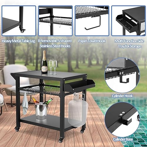 Miniatura 3 de Spurgehom Carrito de parrilla, mesa de soporte para horno de pizza con ruedas, mesa de preparación de cocina movible al aire libre, carrito de