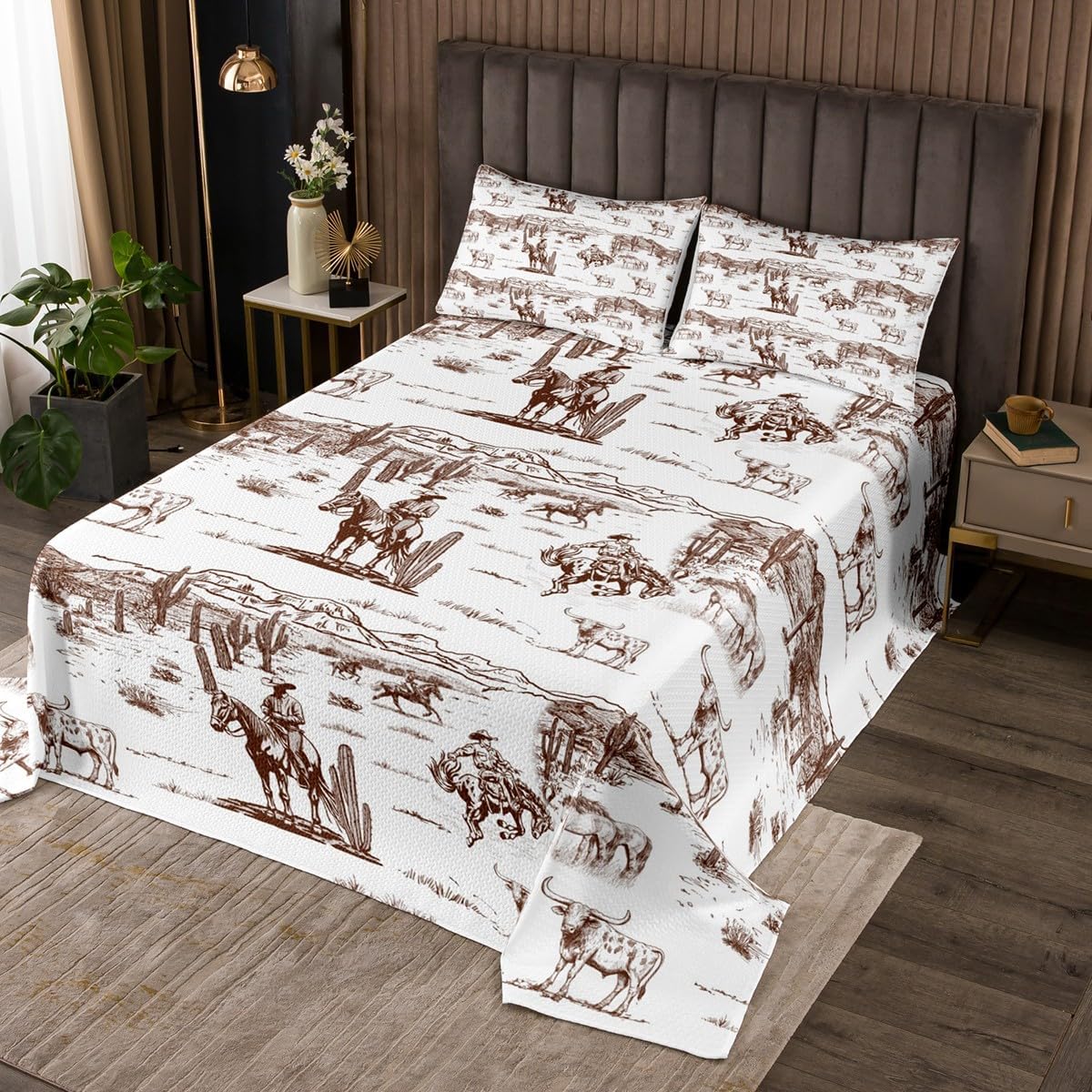 Western Cowboy Bedding Quilt Queen Size,Vintage Southwest Style Bedspread Desert Cactus Cow Horse Animals Comforter Set for Kids Boys Girls Adult Room Decor,Sketch Brown White Coverlet Set 3Pcs