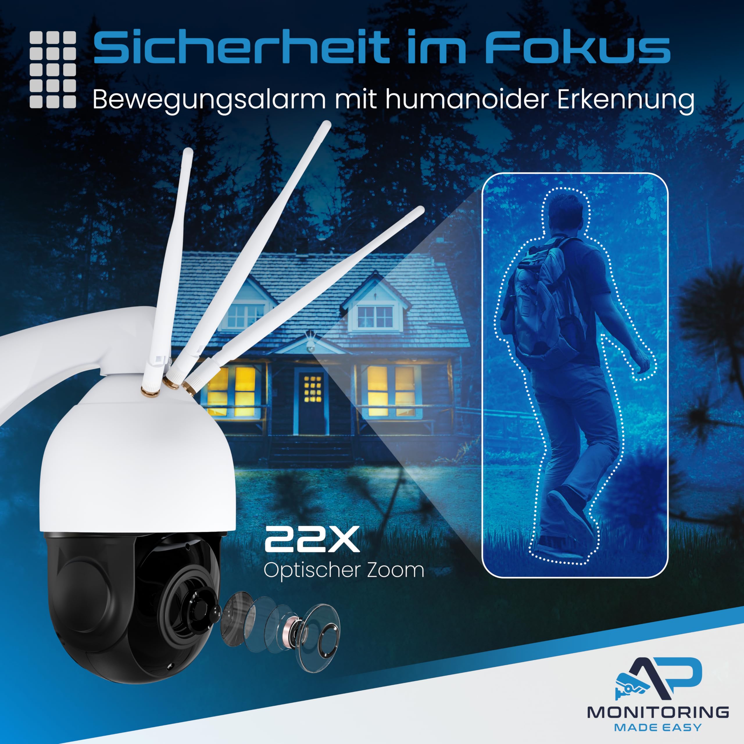 AP 22x Zoom Überwachungskamera mit SIM Karte P5066-22 - Aussen Kamera zur Überwachung ohne WLAN, Outdoor Camera außen kabellos, Sicherheitskamera - Außenkamera IP66 mit Infrarot & Nachtsichtfunktion
