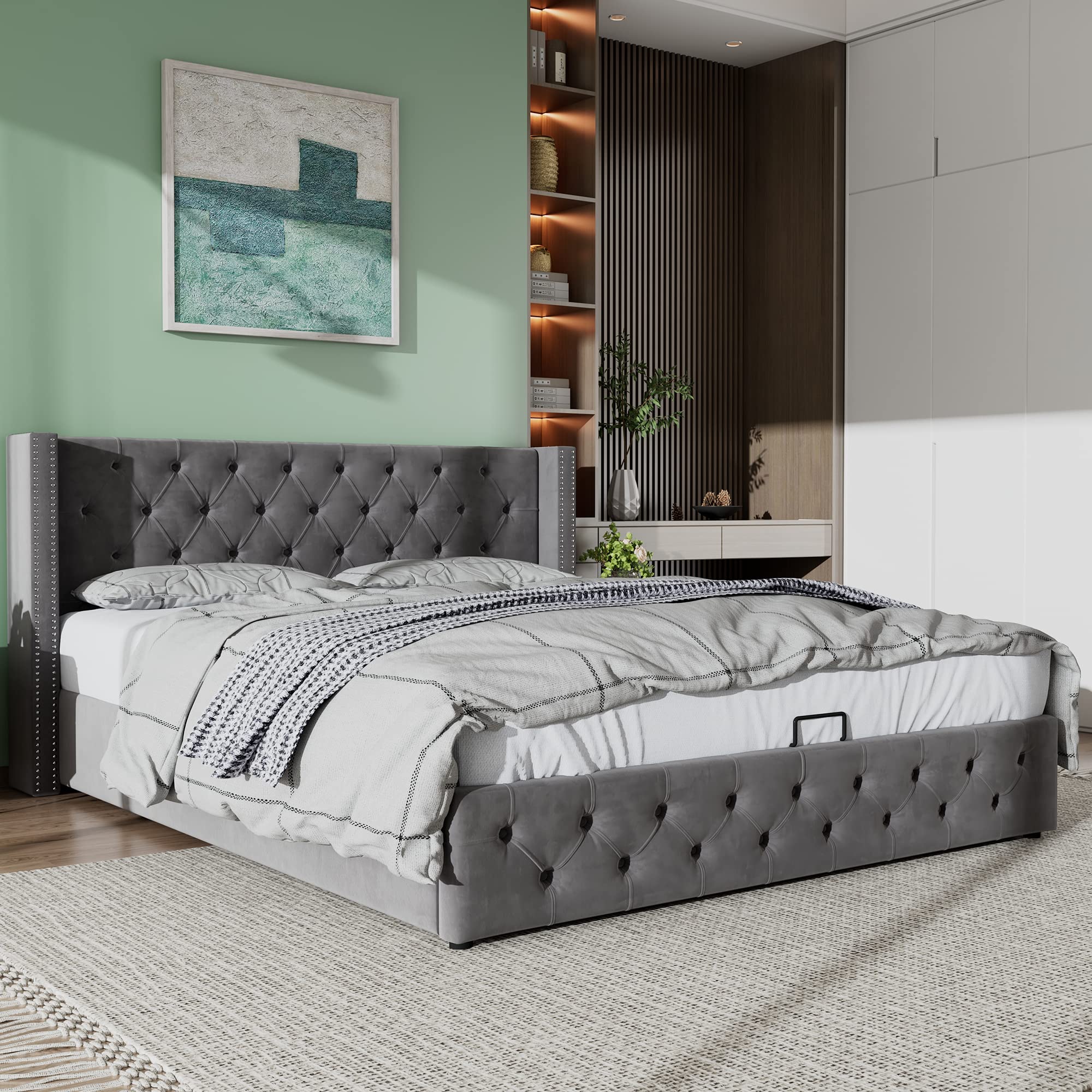 oihear Letto ibottito 140 x 200 c con LED, rete a doghe e cassetta