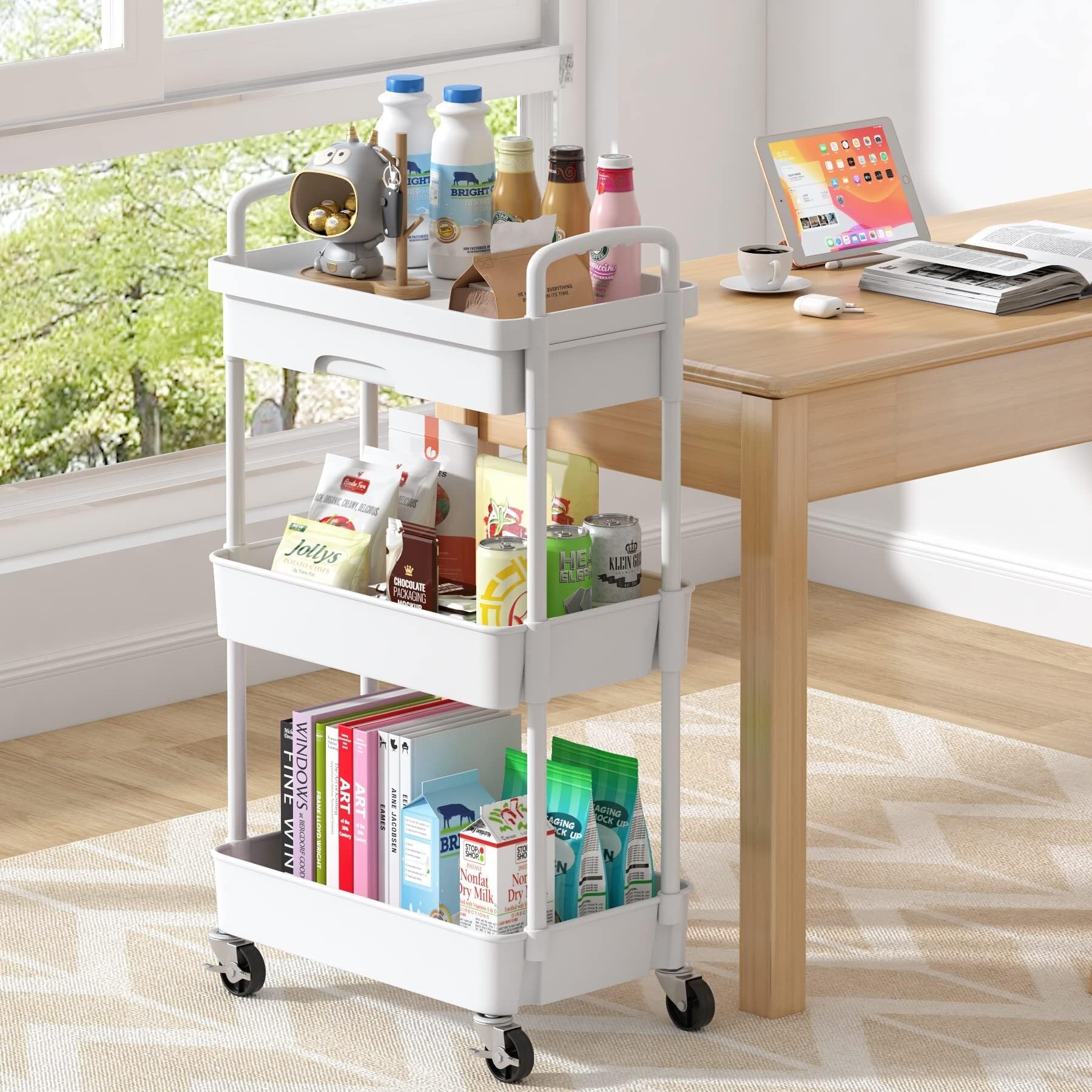 Carro Cocina Carro Auxiliar Carrito Cocina Carrito Móvil Con Ruedas Y Cajón, Carrito Utilitario, Carrito De Almacenamiento De Cocina Con Estante De Plástico, Ruedas De Metal Para Oficina Y Baño Carrit