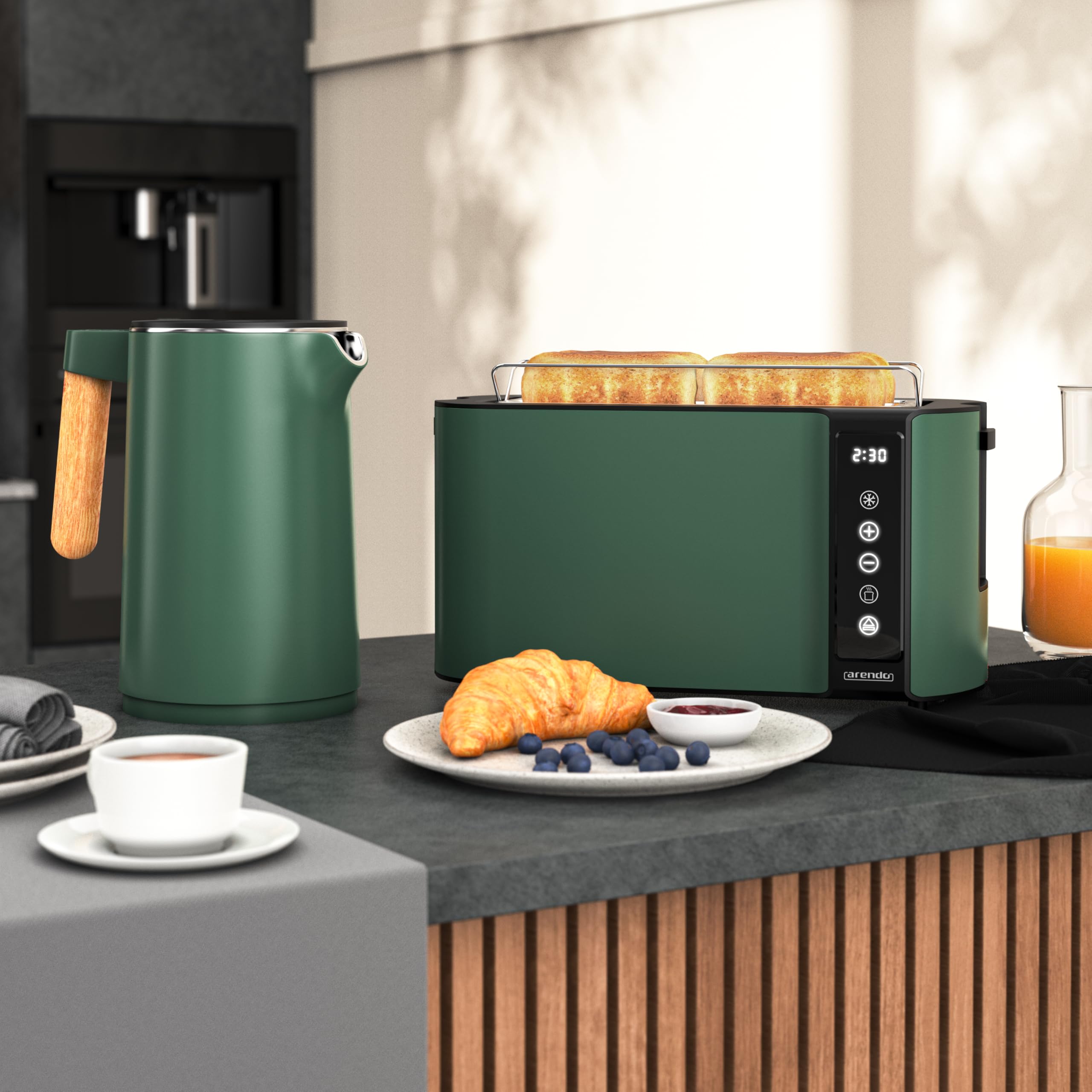 Arendo Küchen Set Edelstahl Wasserkocher Temperatureinstellung Toaster Langschlitz 4 Scheiben Touchpanel LED Display Brötchenhalter