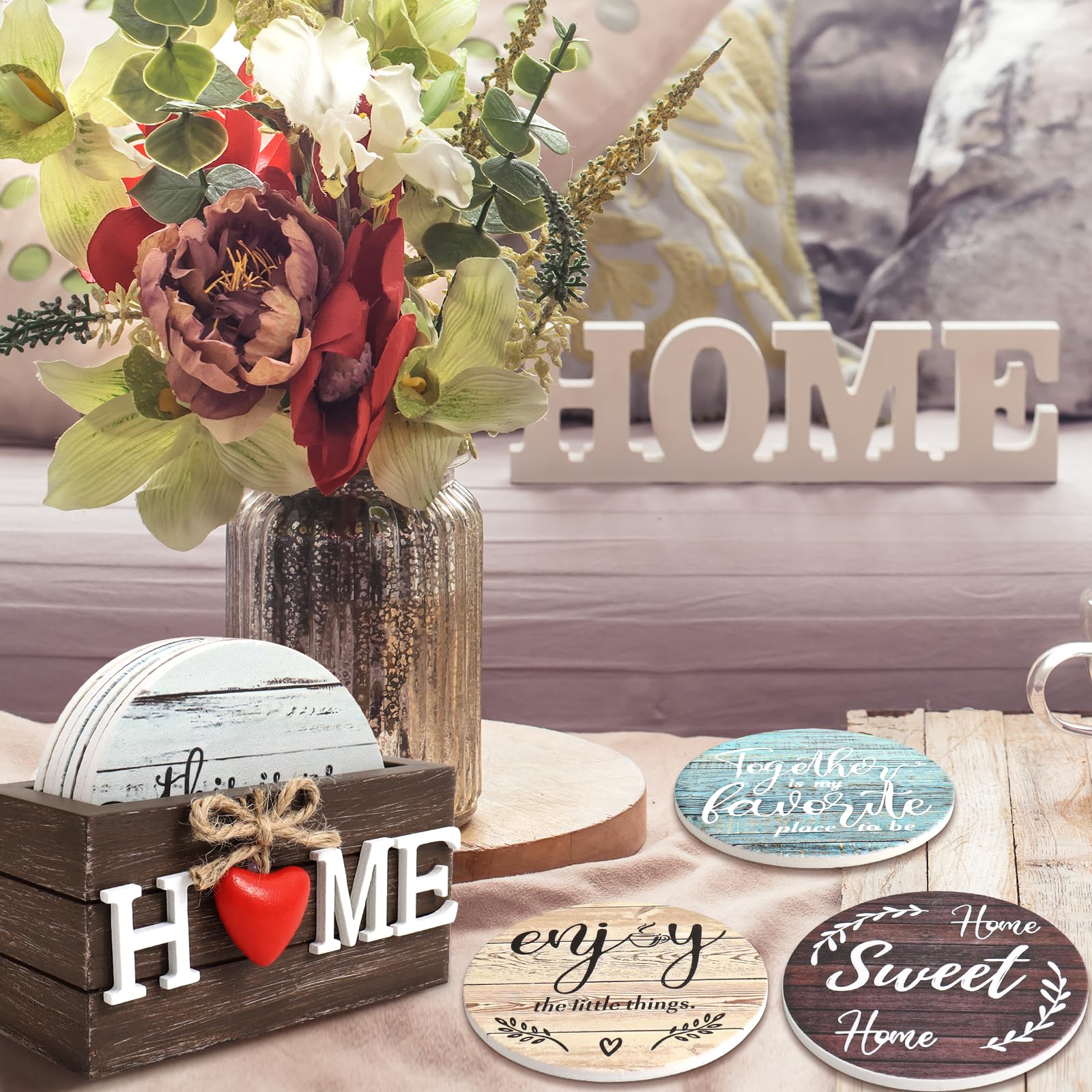 Posavasos de madera personalizados con soporte, juego de 6, regalos de inauguración de casa de campo, para San Valentín, decoración hogar