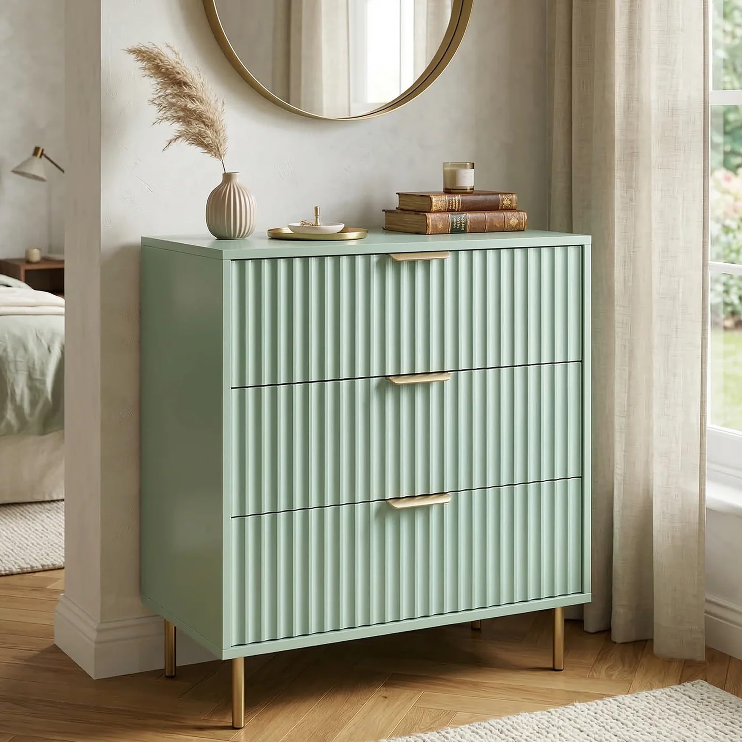 Blisswood 3 Drawer Fluted Chest of Drawers, Painted Wooden Bedroom Storage Unit with Gold Handles & Legs, Modern Dresser Organiser with Smooth Silent Glide Drawers for Bedroom, Living Room_Sage Green