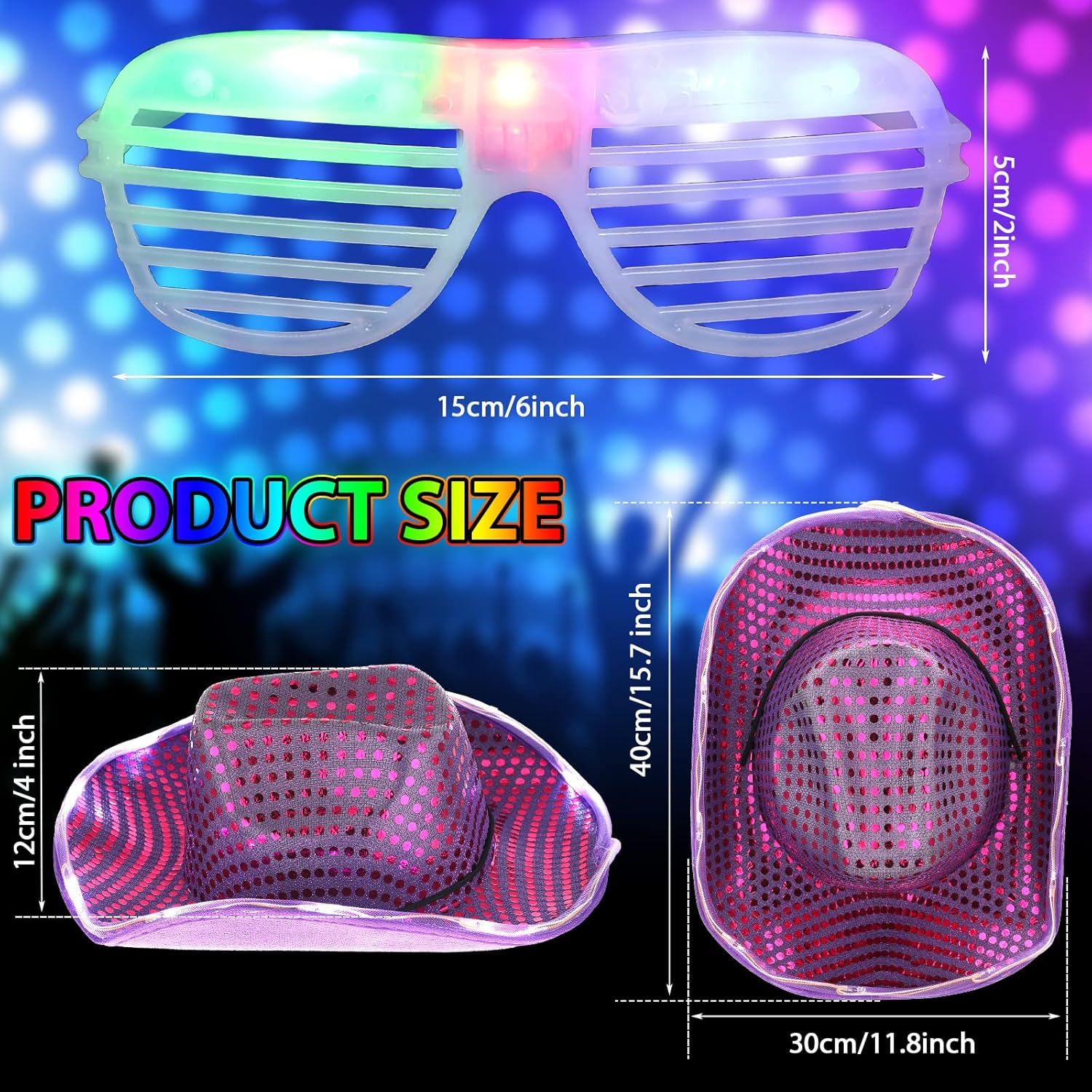 Maitys 12 Pieces Space Cowgirl Hat and LED Glasses Set Glow in the Dark LED Cowboy Hat Shutter Shades Light up Glasses for Women Men Birthday Party Supplies, Assorted Colors - Image 2