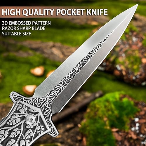 Miniatura 3 de VALHALLA PASTOR - Cuchillo de bolsillo, cuchillo plegable de 3.7 pulgadas con patrón retro en relieve 3D, cuchillo de bolsillo para hombres, bloqueo