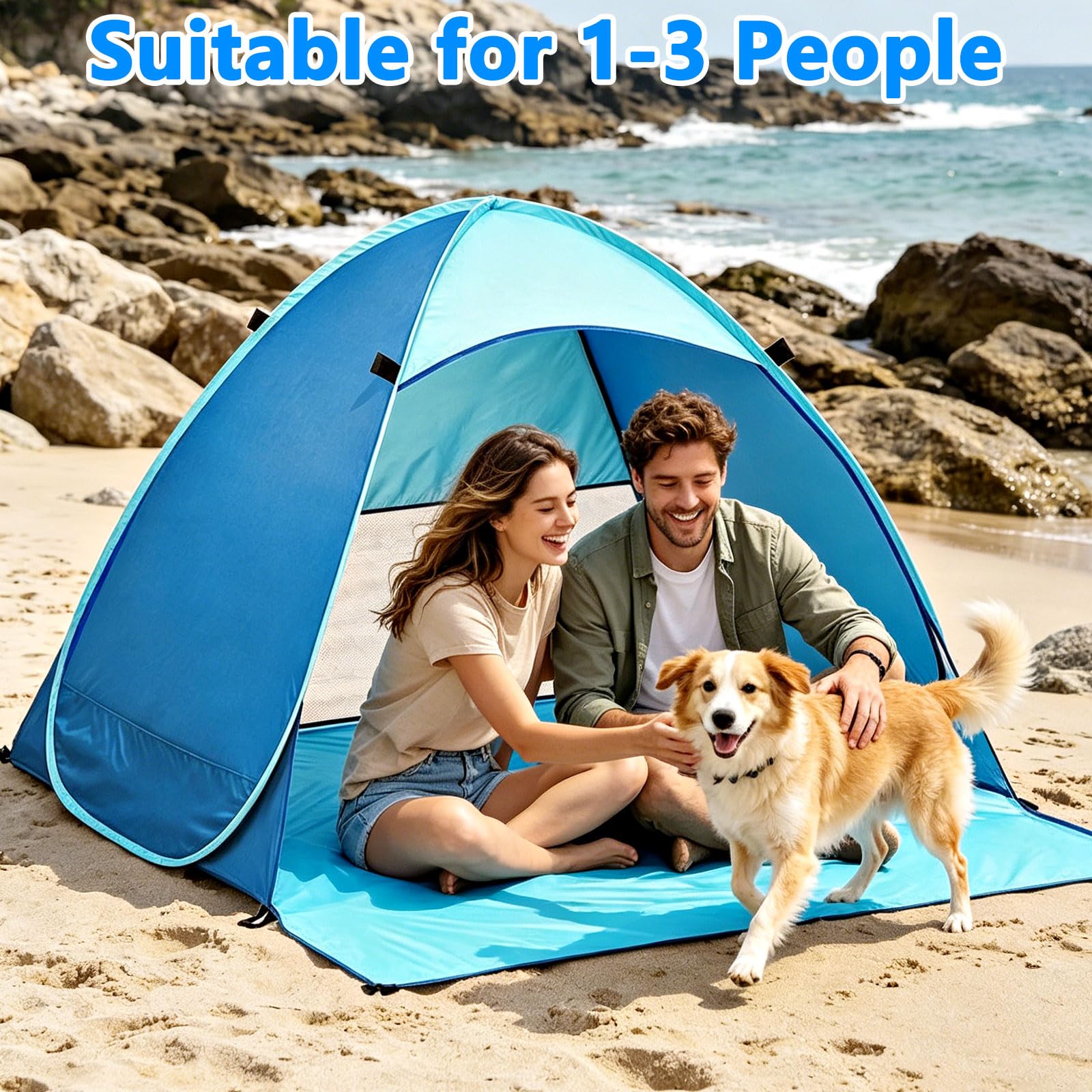 Tenda da Spiaggia Pop Up, Protezione Solare UPF 50+ Dai Raggi UV, Antivento, per 1-3 Persone, Include Custodia per il Trasporto e Picchetti, per Campeggio in Famiglia, Giardini e Spiagge (Blu)