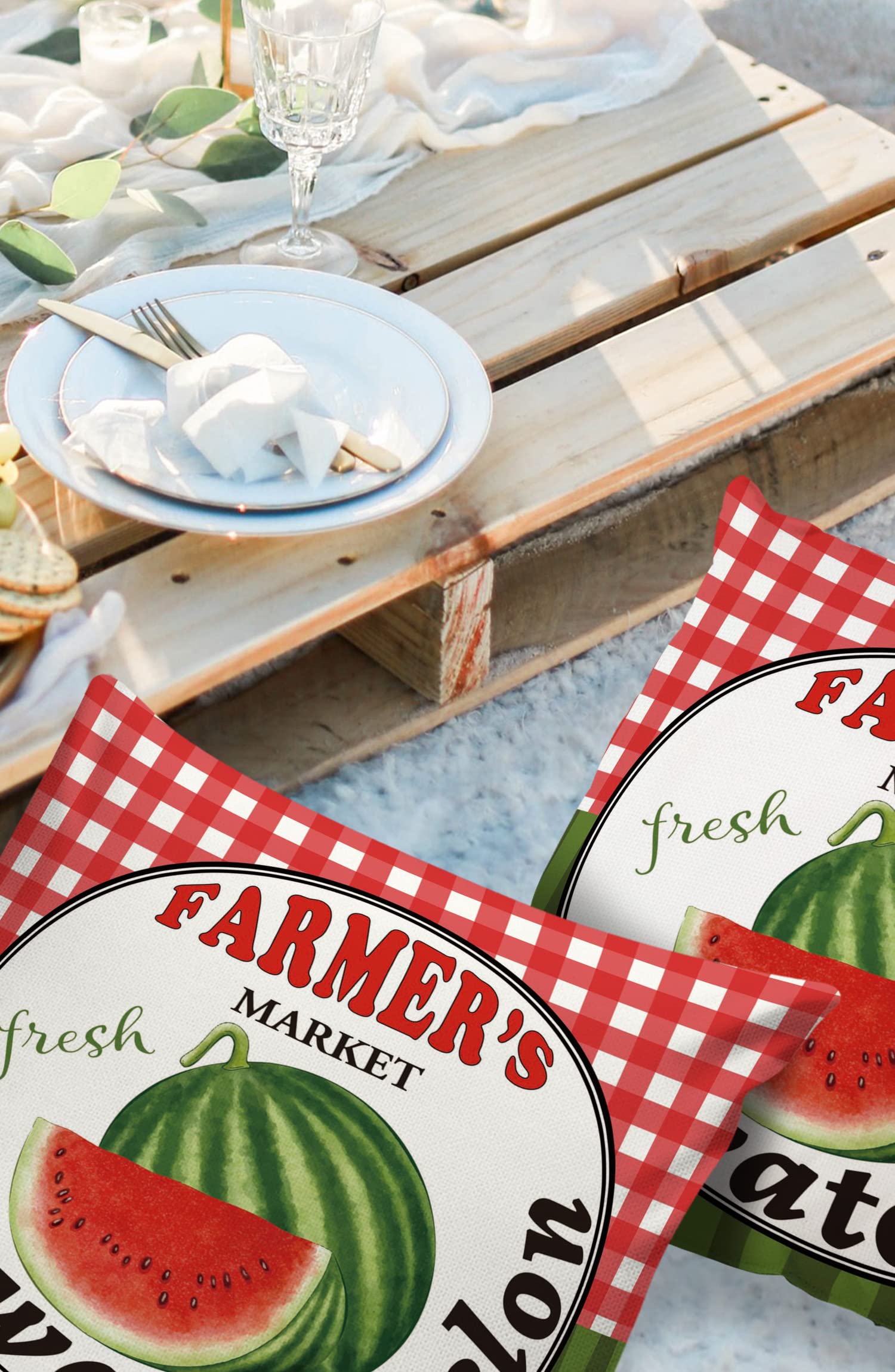 Outdoor Pillow Covers 16 x 16 Inches, Summer Farmhouse Watermelon Waterproof Pillow Protector Set of 2, Red Buffalo Plaid Green Stripes Decorative Square Cushion Covers for Patio/Tent/Couch/Garden