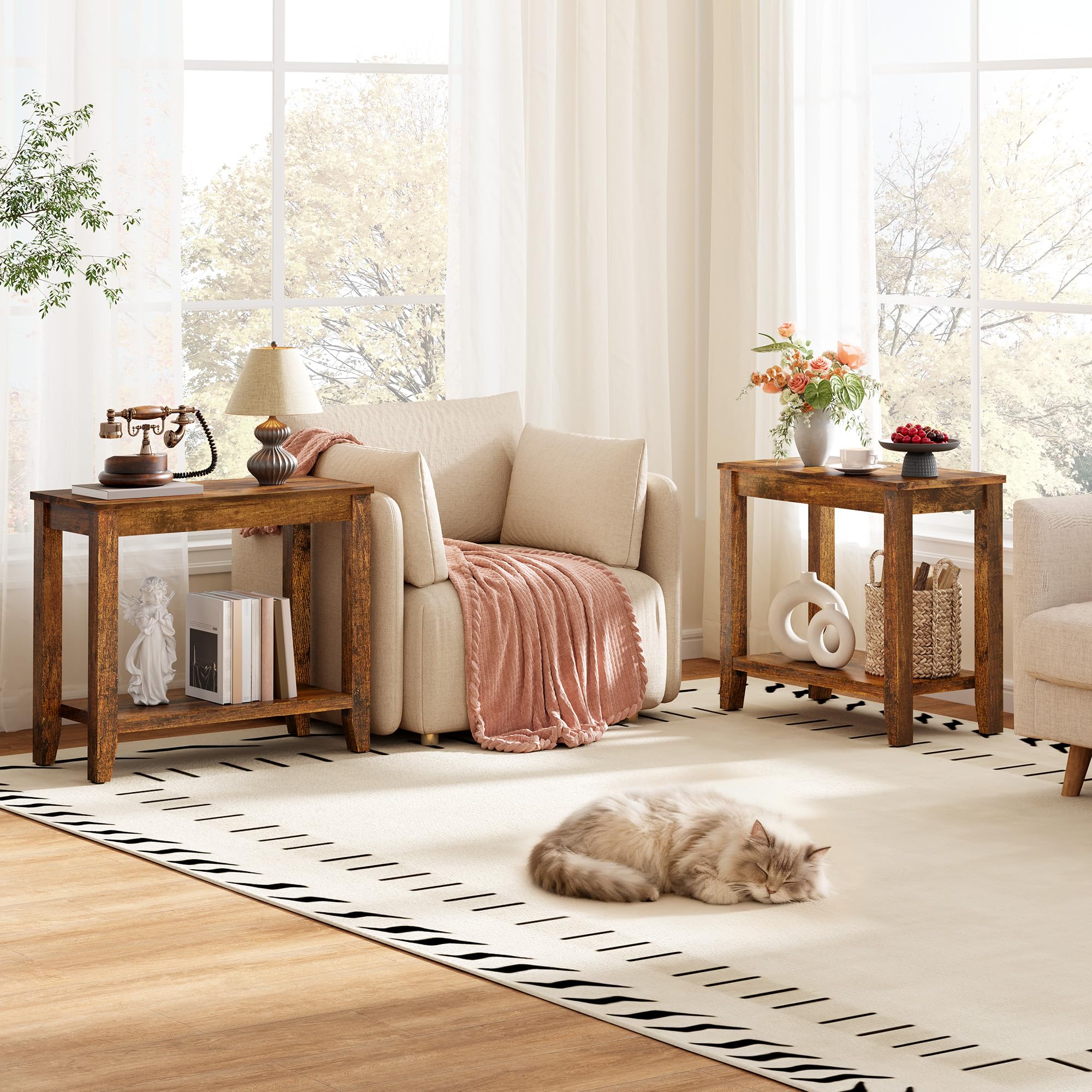  End Table with Double Storage Shelves, Sturdy Wooden Side Table for Living Room, Bedroom, Modern Nightstand Sofa Table for Small Spaces, Rustic Brown