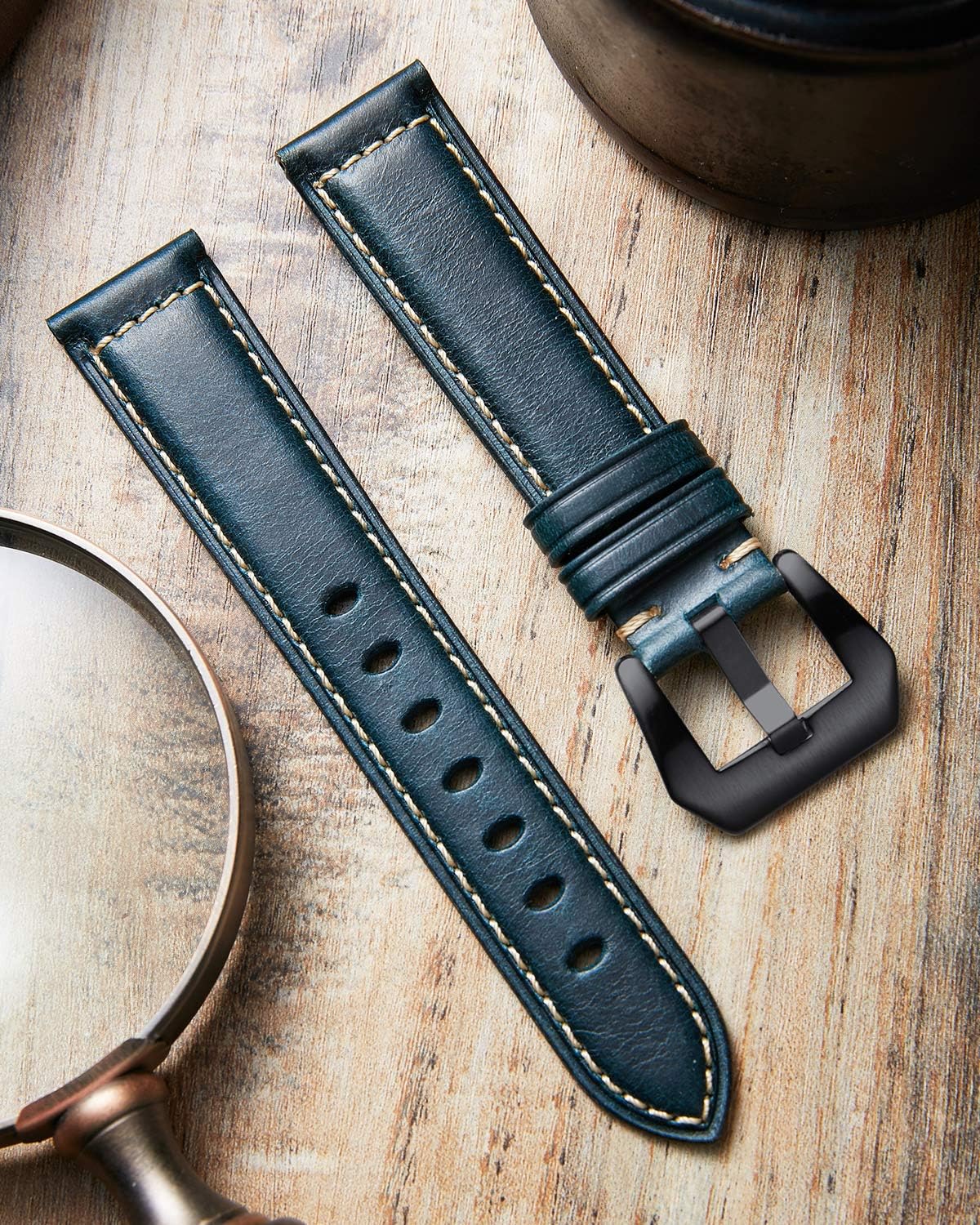 BINLUN Retro Leather Watch Strap for Men 18mm 20mm 22mm 24mm 26mm Handmade Oil Waxed Leather Strap Replacement Vintage Watch Band Stainless Steel BuckleBlue/Black Buckle,24mm - Image 3