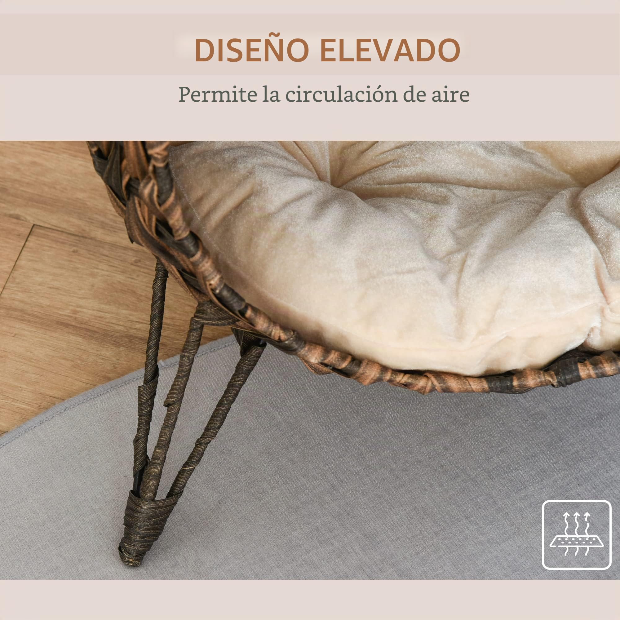 PawHut Cama tejida para gato 52cm con cojín, Marrón | Casa para gatito elevada de hoja de plátano trenzada a mano