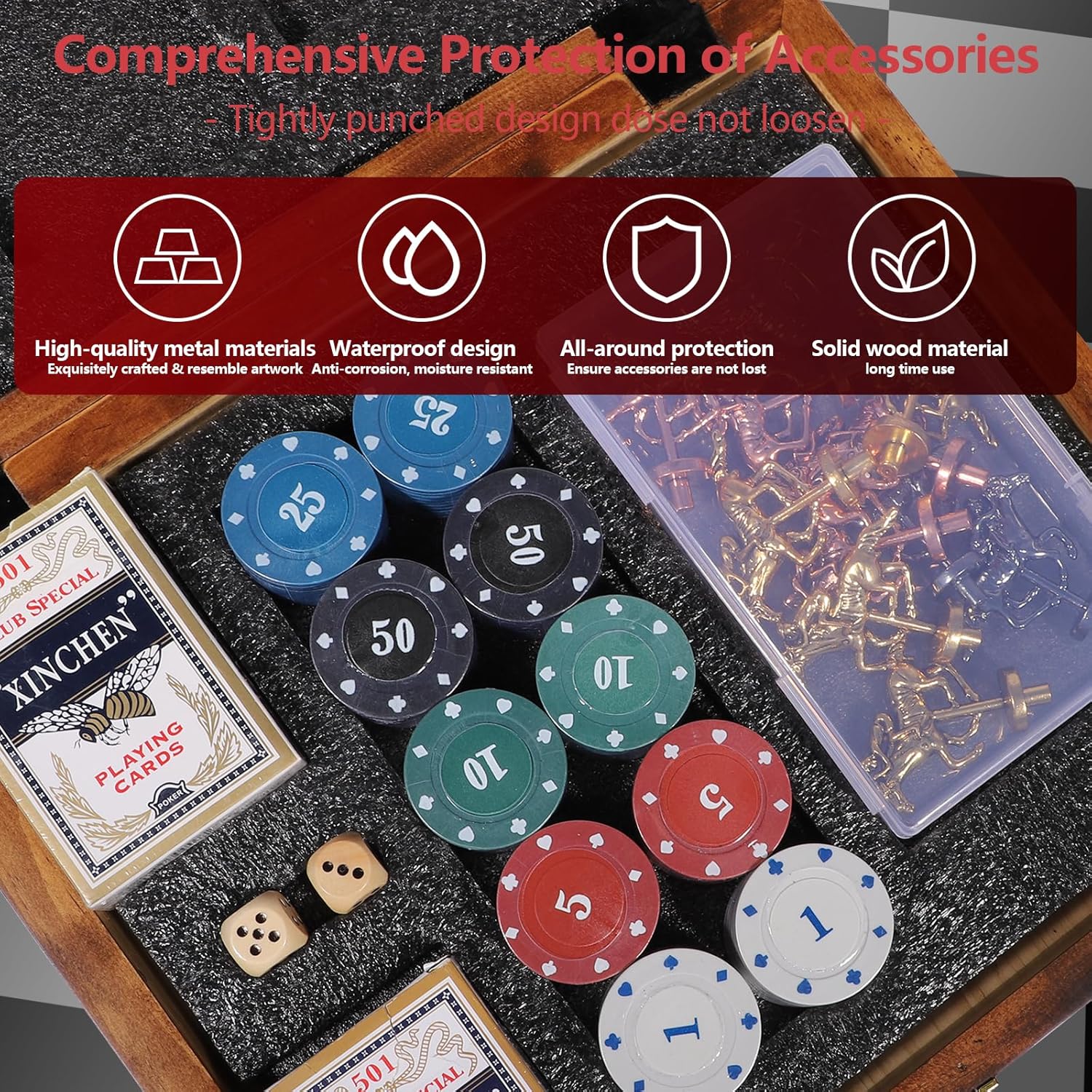 Wooden Finish Line Horse Racing Board Game Equipped with 11 Luxury Metal Craft Horses Adult Chessboard Including 2 Dice and 2 Boxes of Cards Folding Box Game Board(Flame)