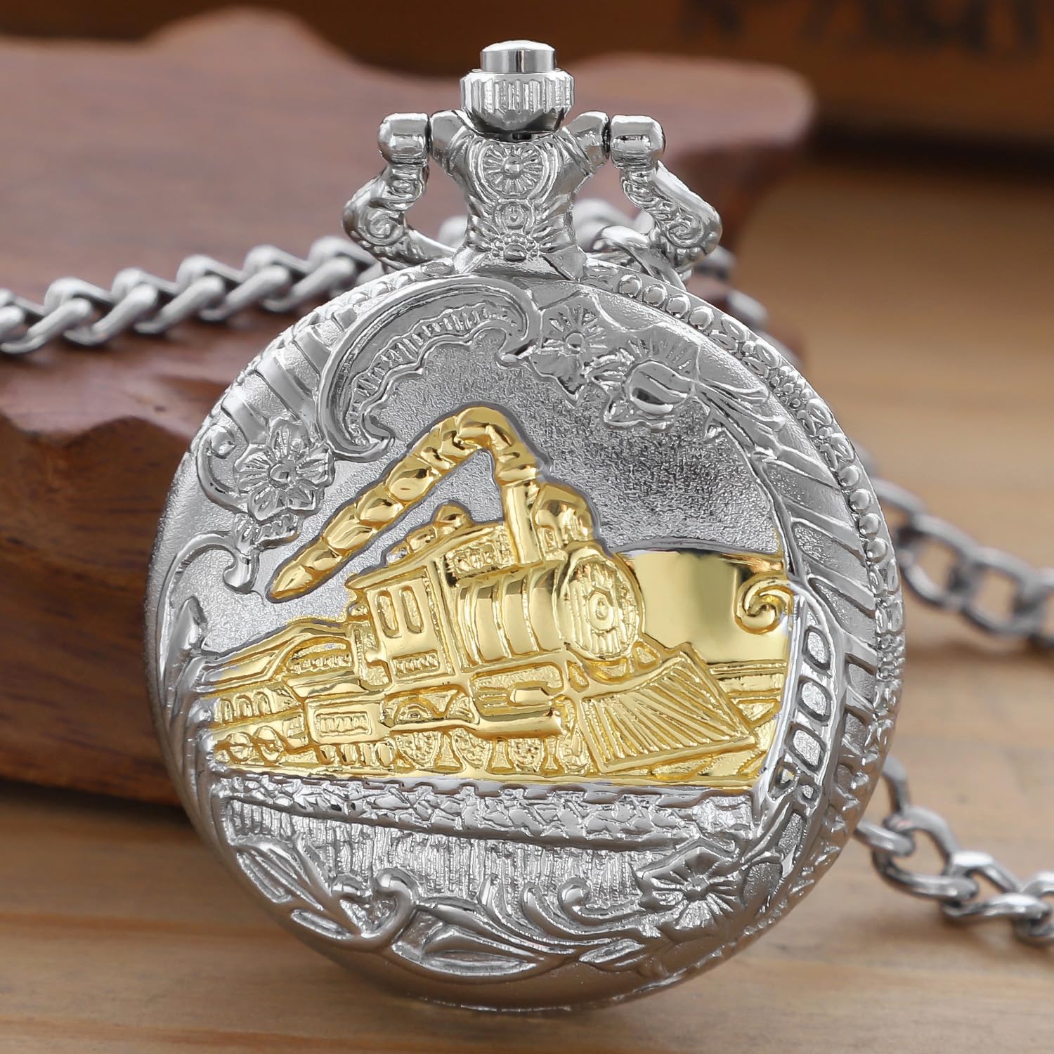 Silver Gold Right Locomotive Quartz Men's Pocket Watch, Arabic Numeral White Dial Pocket Watch with Chain