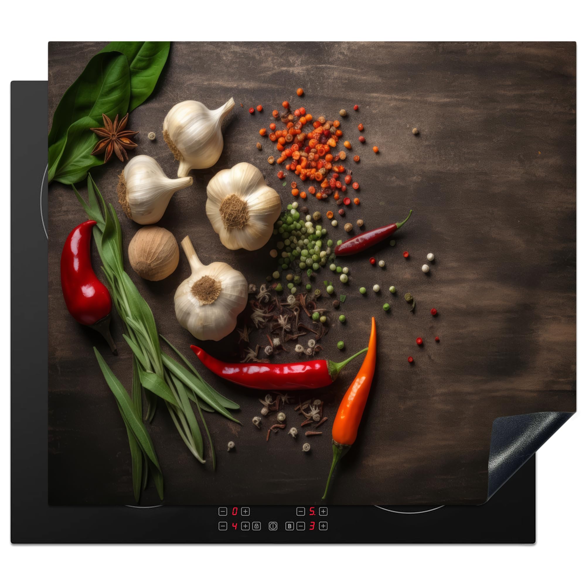 KitchenYeah© Induction Hob Cover Protector Mat 20.5"x23.2" / 59x52 cm Kitchen Universal Ceramic Covers for Electric Cookers Vinyl Pepper - Spices - Garlic - Wood Print - Herbs