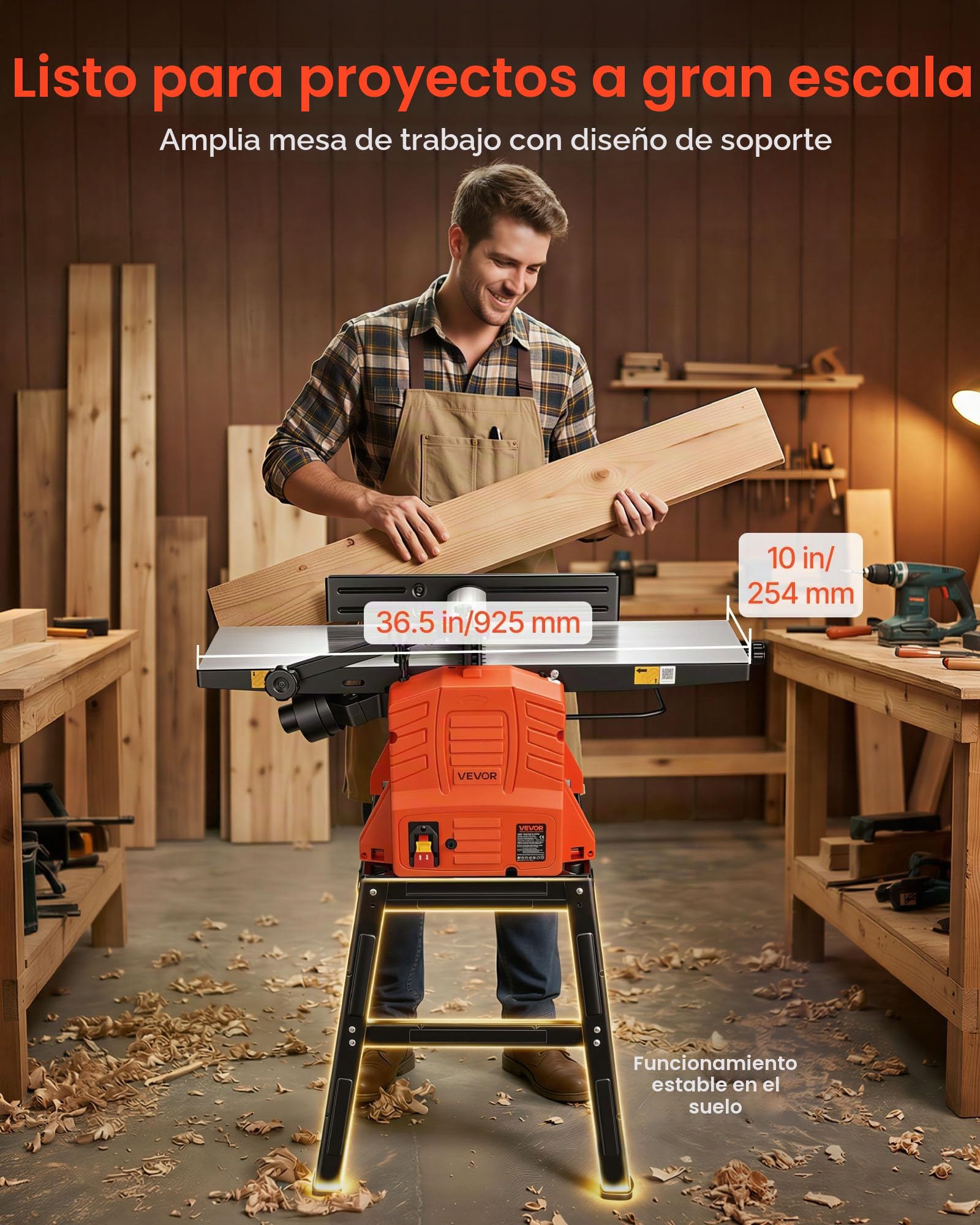 VEVOR Cepilladora y Ensambladora de Banco 254 mm 2,4 HP 8000 rpm, Ensambladora de Madera de Banco con Soporte, Cabezal de Corte Recto de 2 Cuchillas, Profundidad de 0 a 3 mm, para Carpintería
