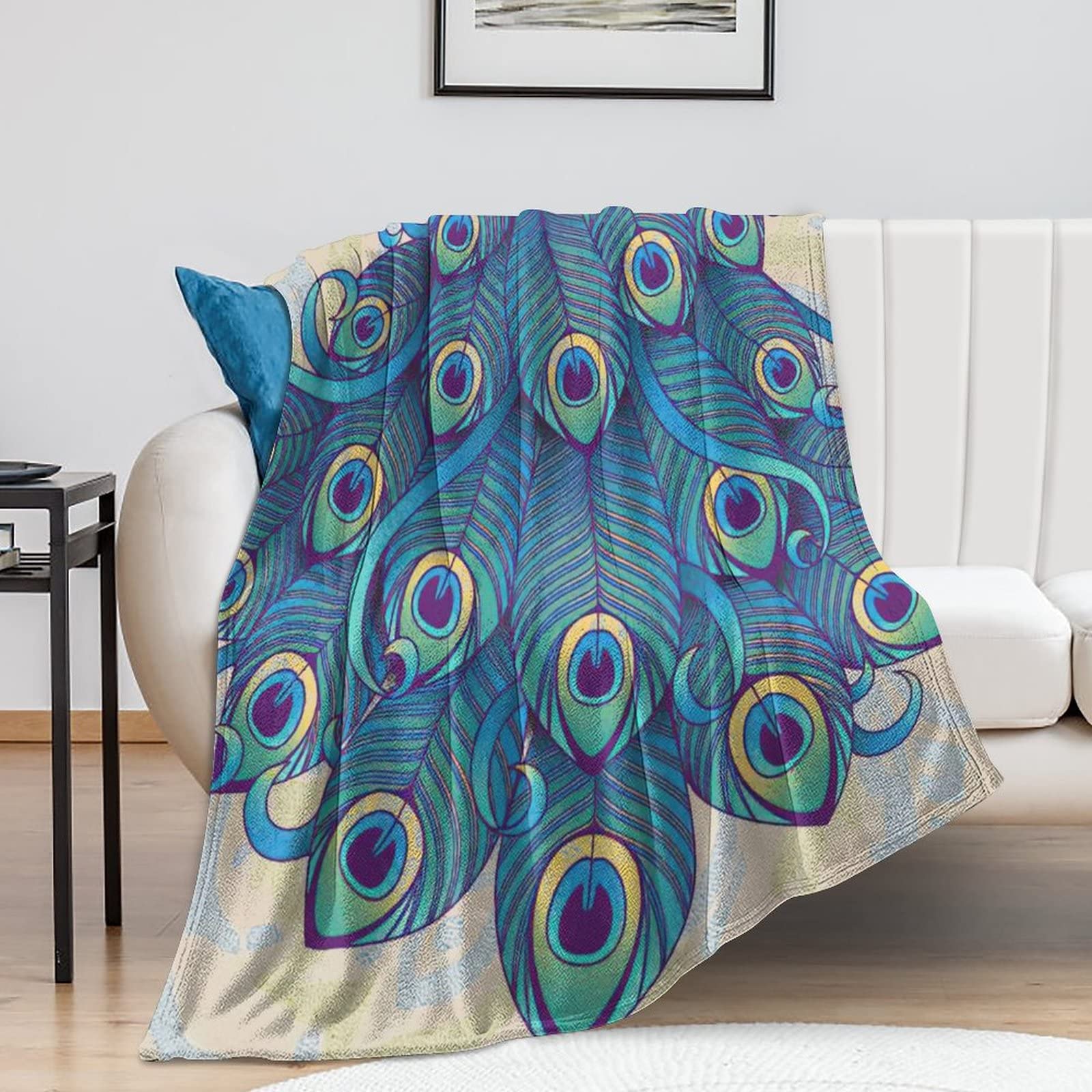 Couverture flanelle chic haut de gamme plaid réversible plumes de paon
