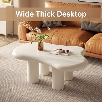 Guyii Cloud-Shaped Coffee Table, Modern Sofa Table with 4 Legs, Cream White Center Table, Small Irregular Tea Table for Living Room, Easy Assembly