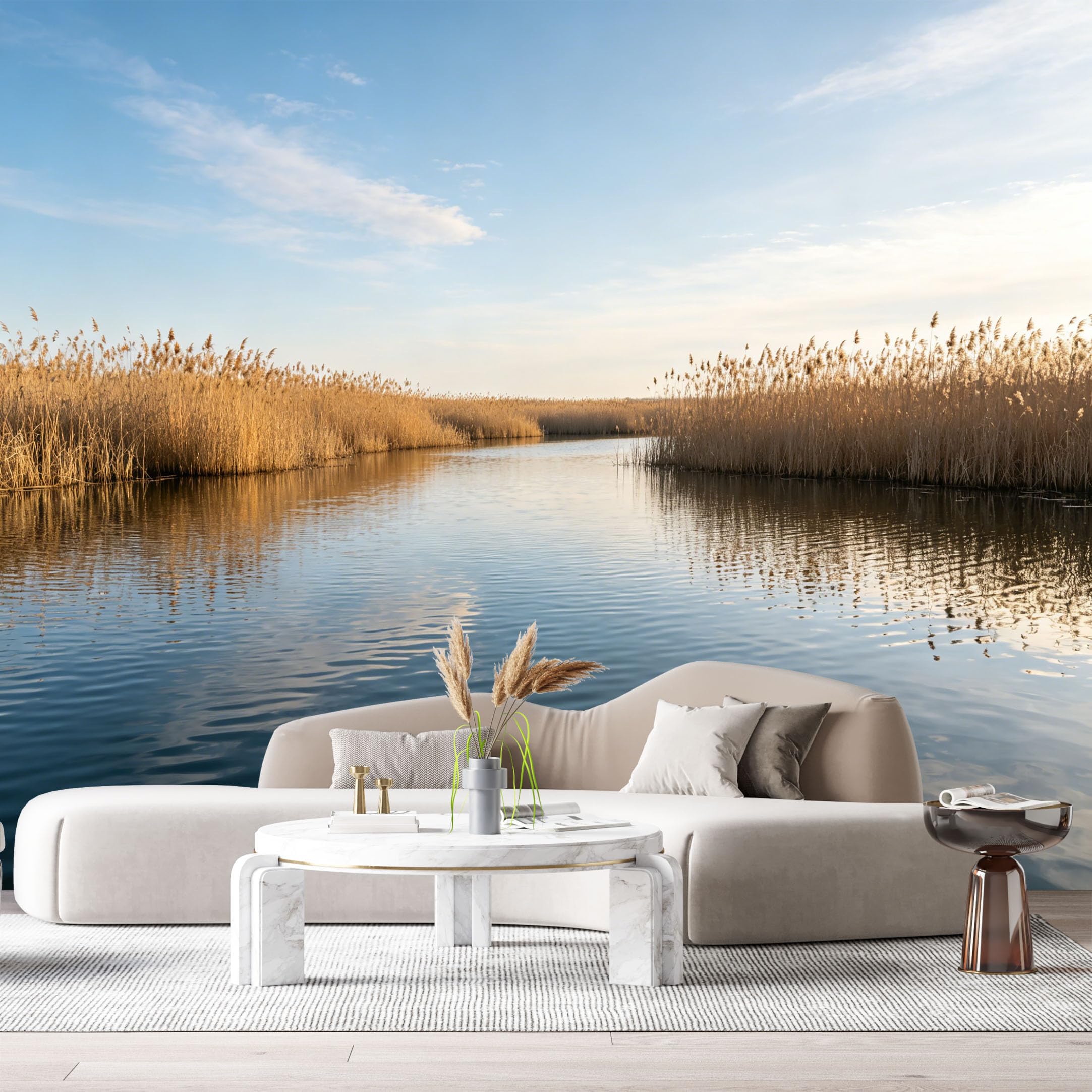 Custom Size Wall Murals Calm River Landscape Water Reflection Reeds Sunset Sky SelfAdhesive Wall Fabric Removable Large Wallpaper for Photo Living Room