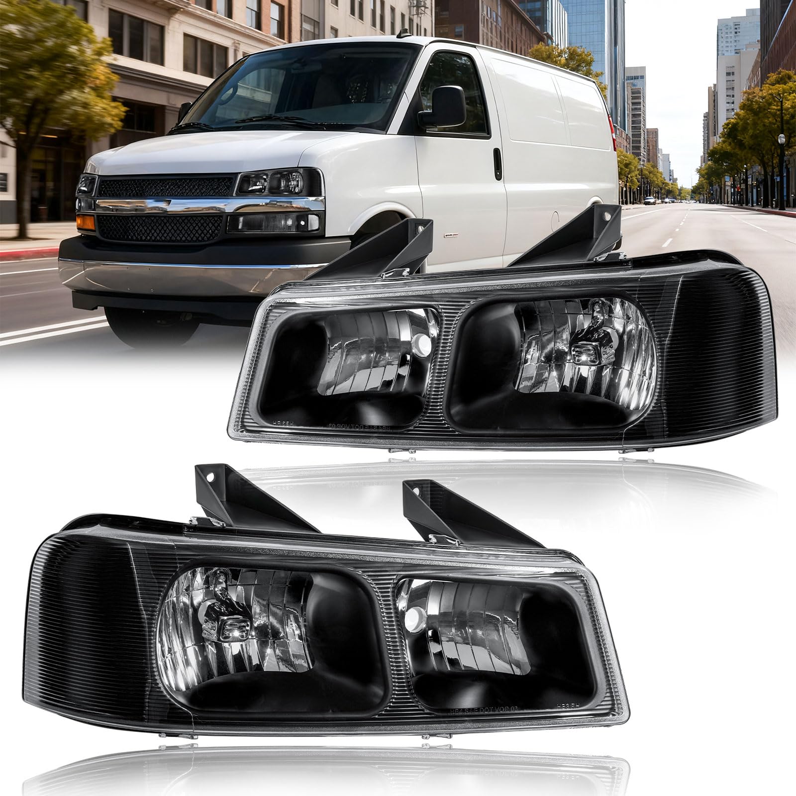 2Pcs Headlight Assembly, Headlights Kit Compatible with 2003-2014 Chevy Express 1500/2003-2023 Express 2500 3500/2009-2022 Express 4500 Replacement Headlamp Black Housing Clear Reflector