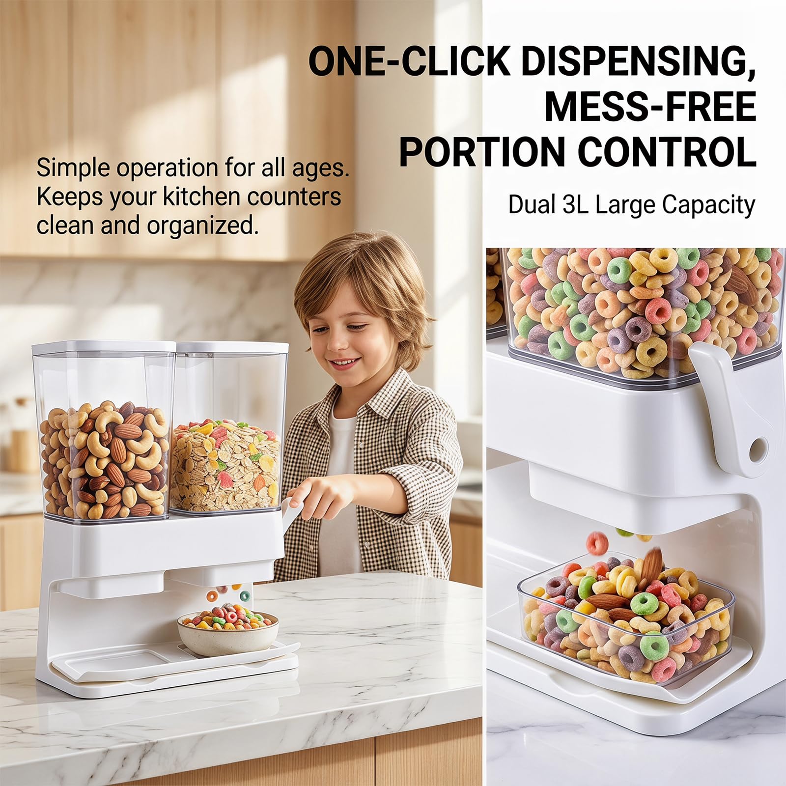 Set di 2 dispenser per cereali, 3 l, ermetici, di grande capacità, per conservare il riso automatico, contenitori trasparenti con coperchio, per cereali, snack e cereali (bianco)