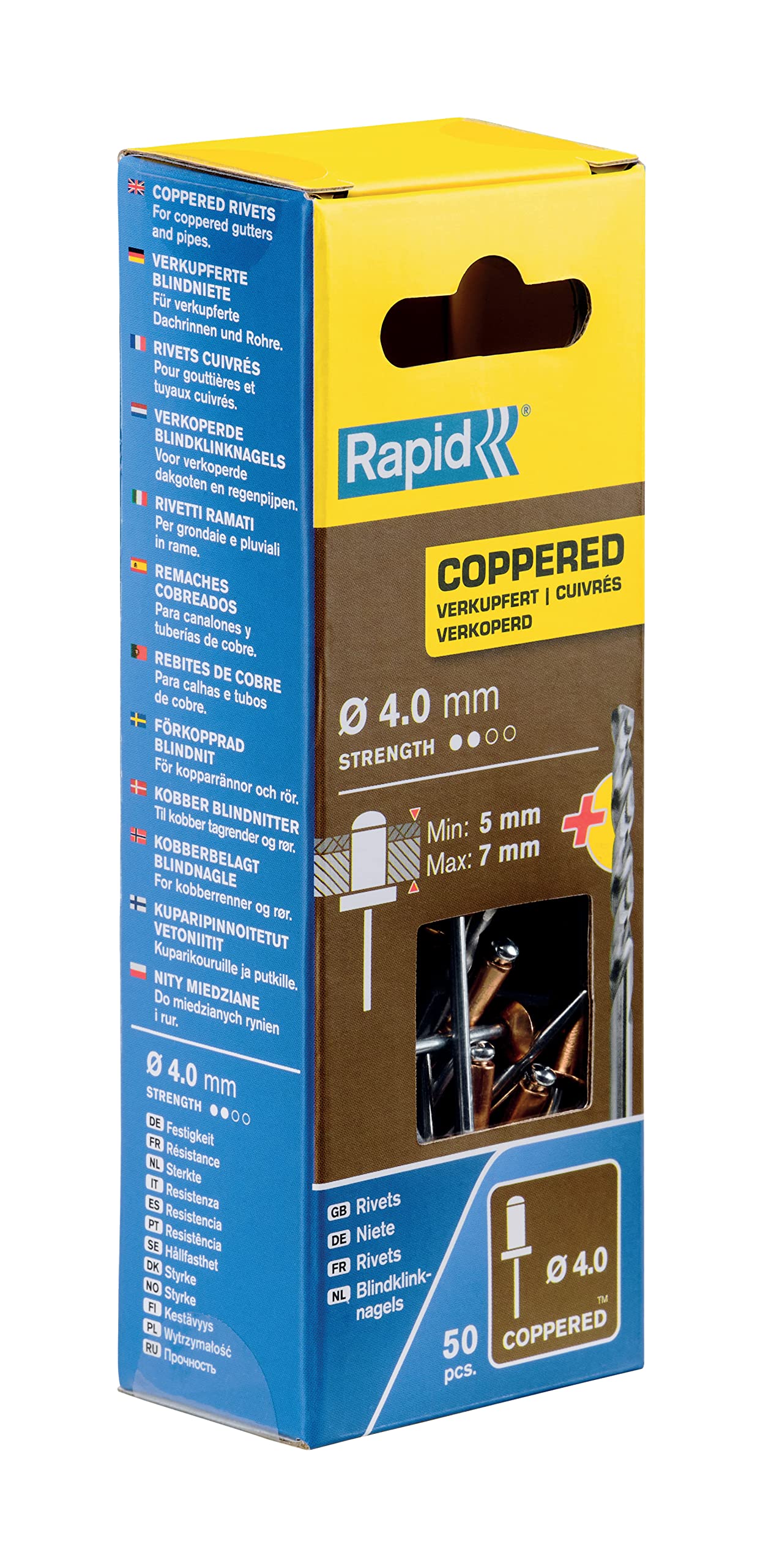 Rapid Scatola da 50 Rivetti in Alluminio da Ø4 x 10 mm, Adatti a Fissare Grondaie, Tubazioni e Lamiere, Include Punta per il Trapano - Rivestiti in Rame (5001462)