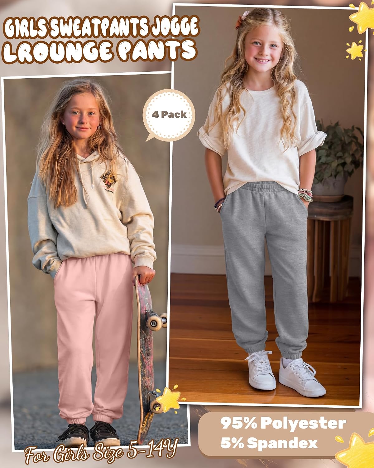4 Pack Girls Jogger Lightweight Sweatpants Athletic Pants Casual Yoga Elastic Waist with Pocket Kids Tween 5-14Y