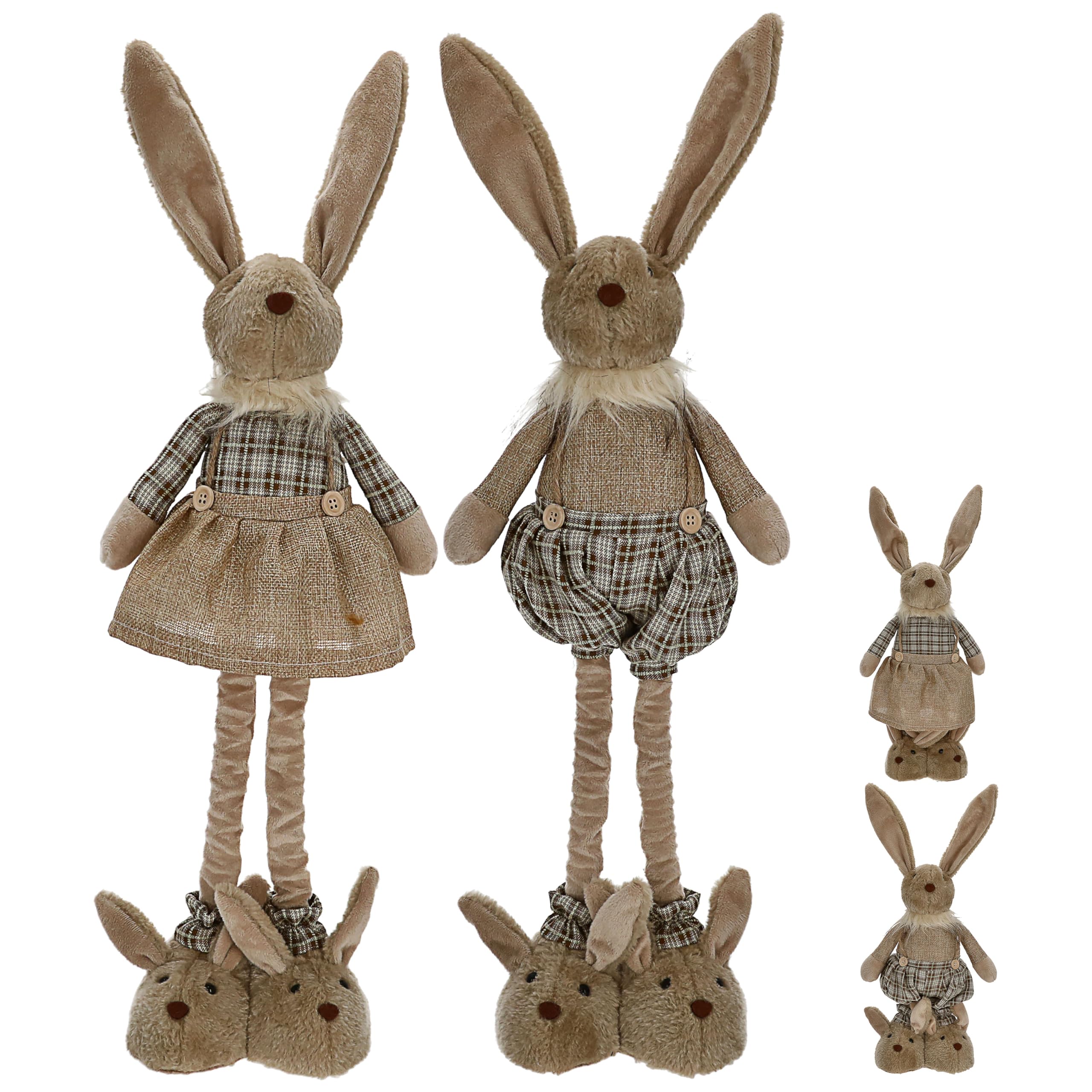 Cepewa Osterhasenpaar mit Teleskopbeinen | max. H115cm Polyester Brauntöne Metallbeine | Frau und Mann mit Hasenschuhen