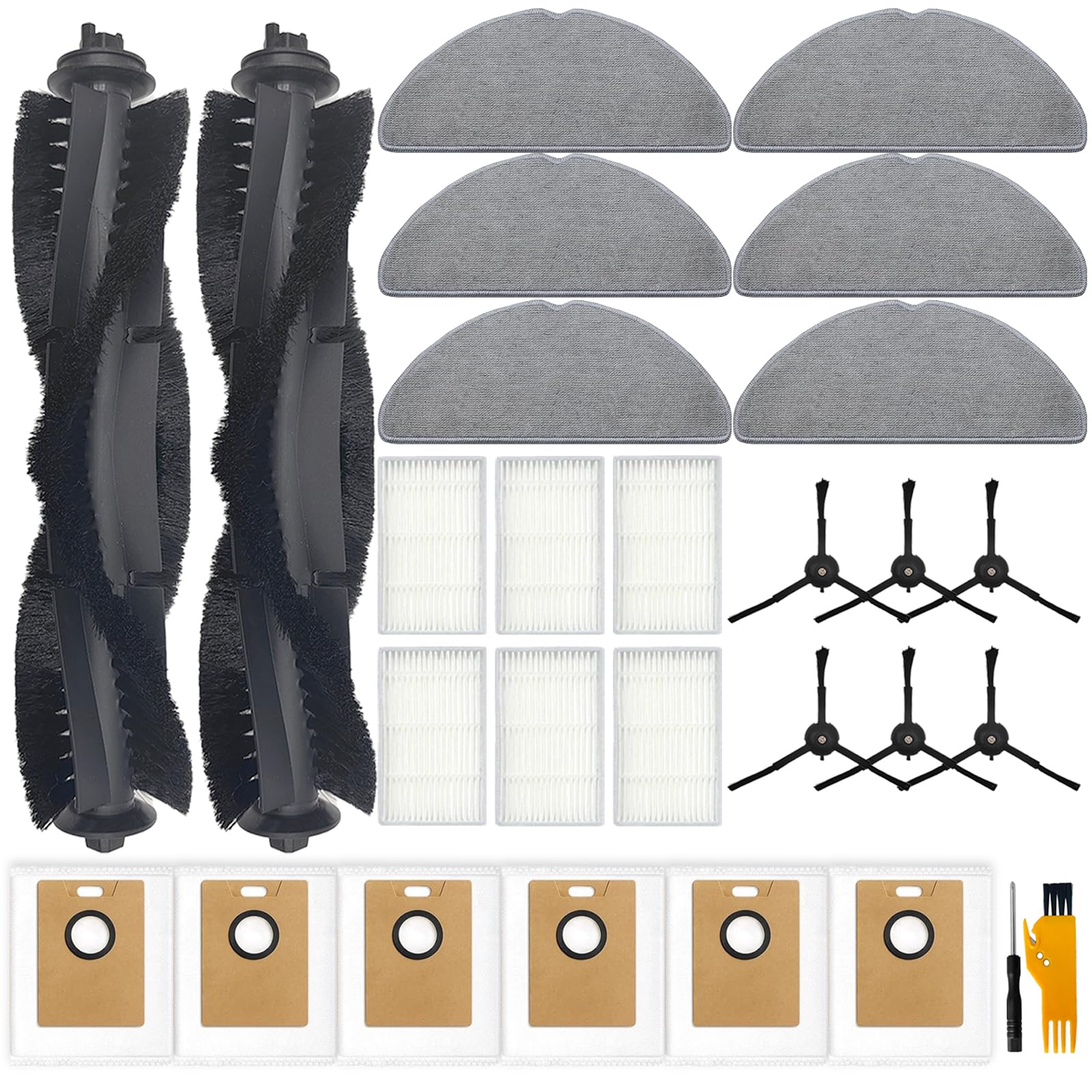 26 piece Accessories for Tapo RV30 Max Plus/ RV30 Max/ RV20 Max Plus vacuum cleaner, 2 Main Brushes, 6 Filters, 6 Mop Pad, 6 Bust Bags, 6 Side Brushes, for Tapo RV30 Max Plus Replacement