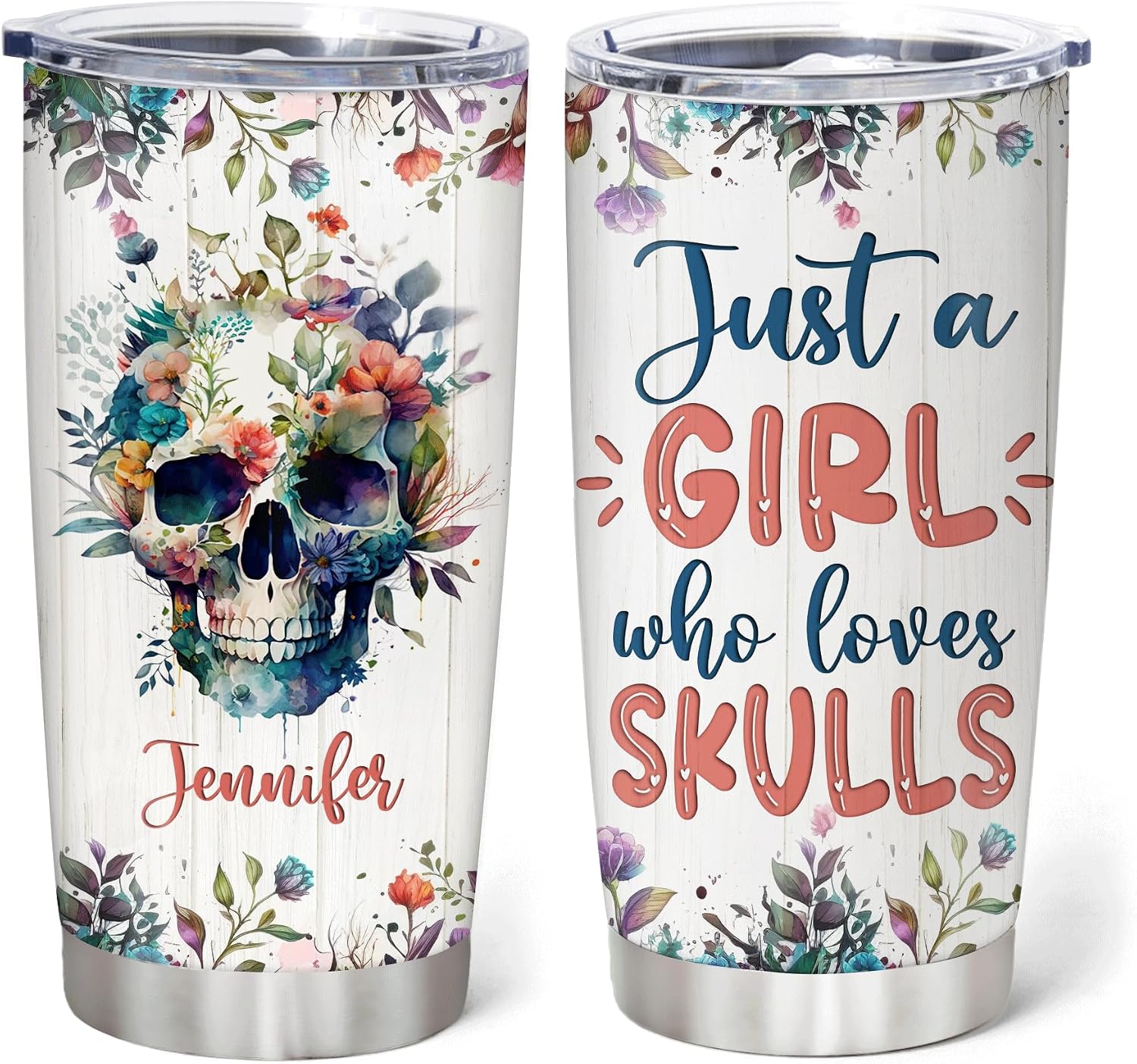 Hyturtle Personalized Gifts For Skull Lover - Just A Girl Who Loves Skulls Custom Name Stainless Steel Tumbler 20oz With Lid - Idea Skull Gothic Gifts For Women Girl On Birthday, Christmas, Halloween