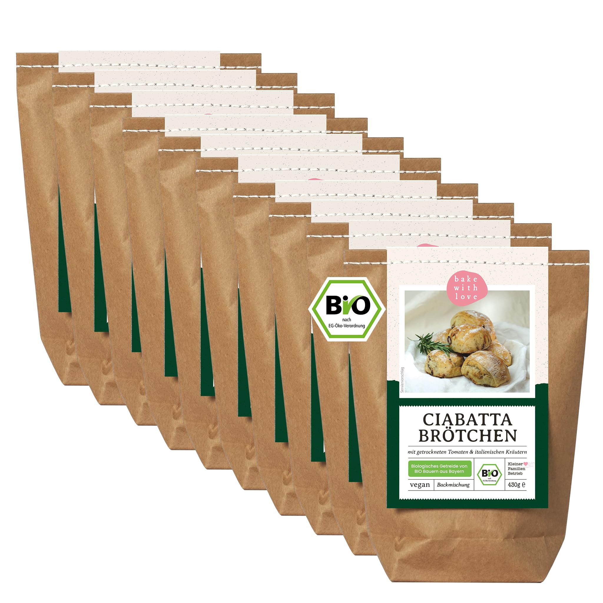 Bio Ciabatta Brötchen Backmischung – mit Tomaten, Kräutern & knuspriger Kruste – luftige italienische Brötchen für den Ofen – fast ohne Hefe – Bake with Love - 10er Pack