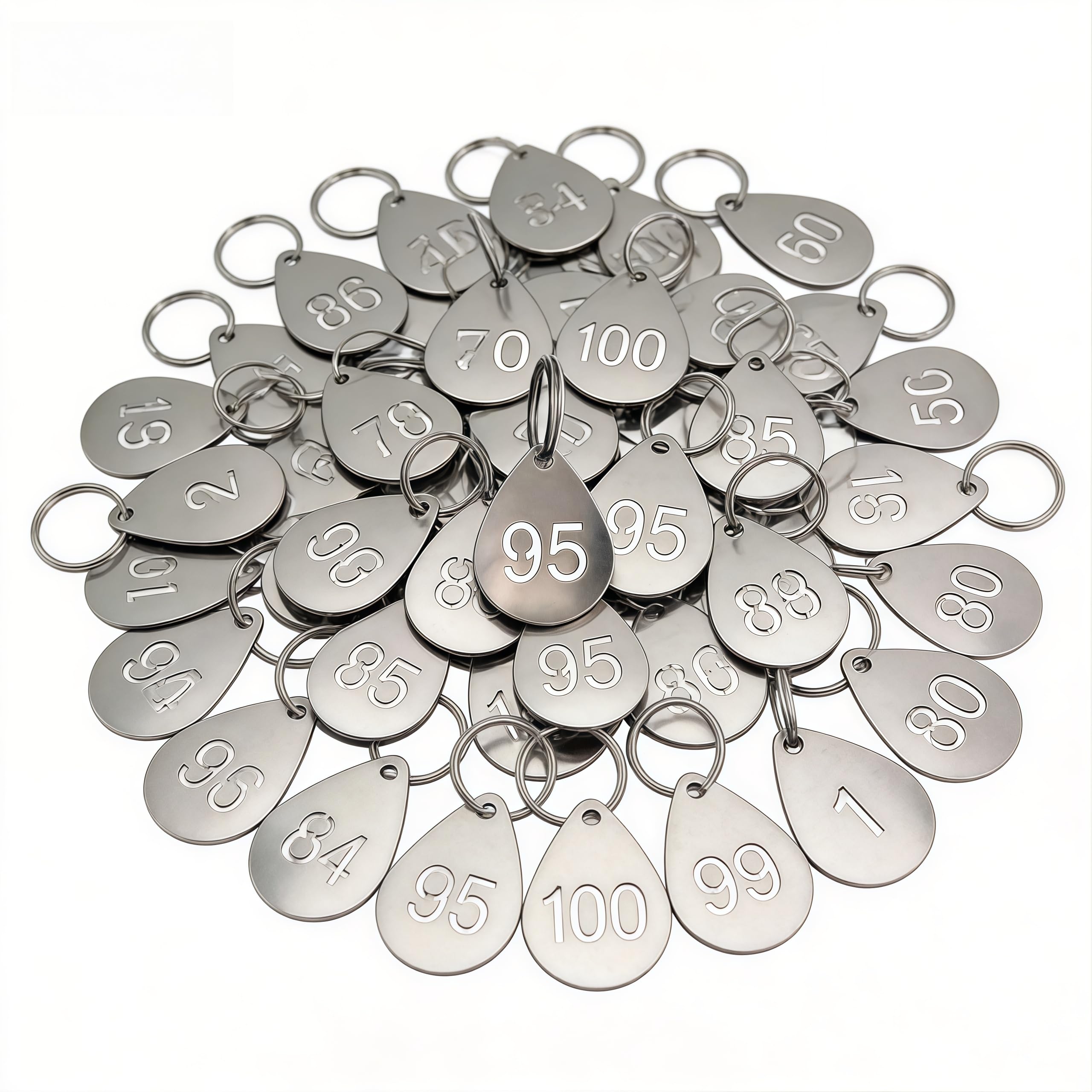 Etiquetas Digitales, 100 Piezas de Etiquetas Numeradas de Acero Inoxidable Tarjetas Numéricas en Forma de Lágrima de 3,5 x 2,5 cm con Anillas para Llaveros Juego de Etiqueta Digitales del 1 al 100