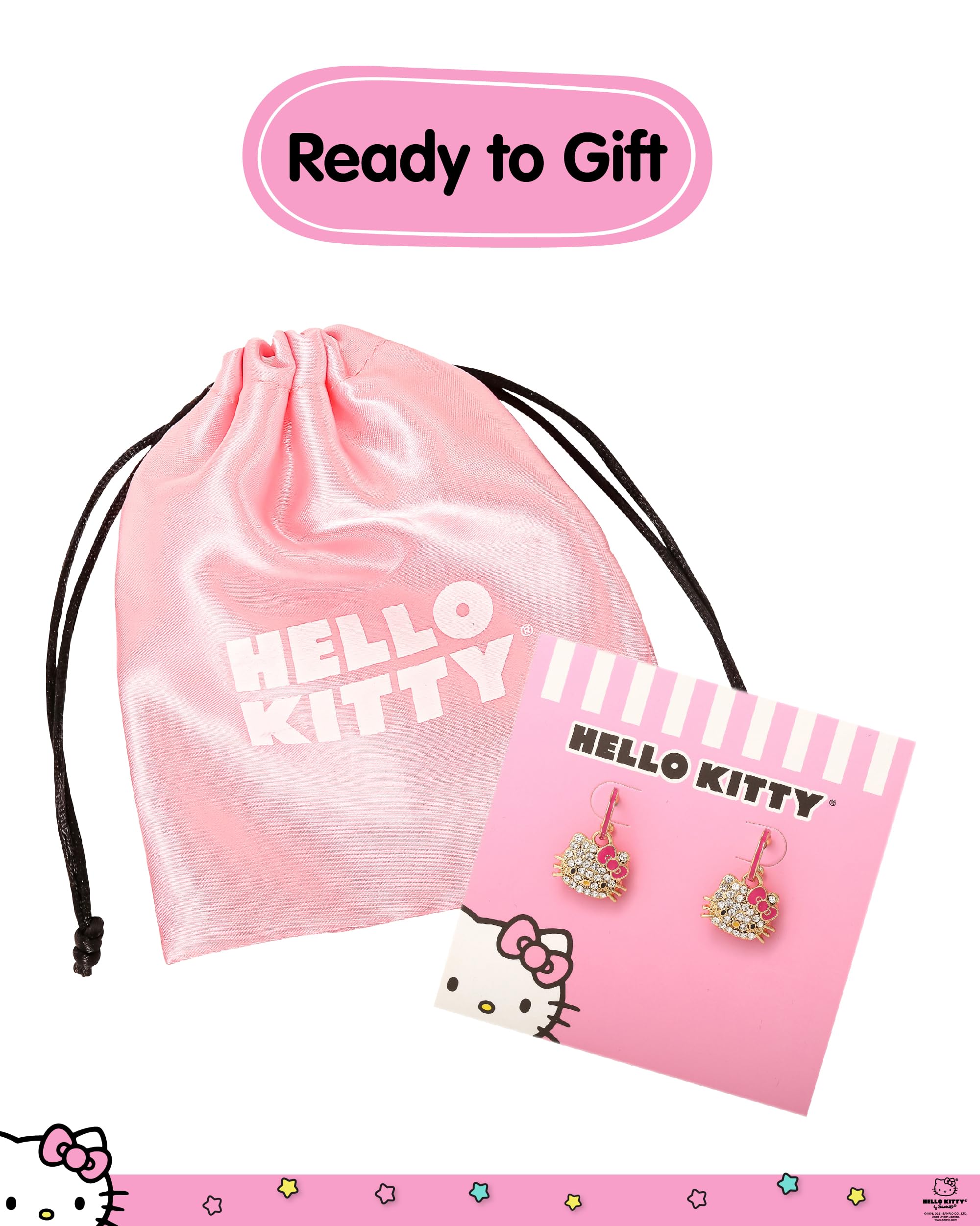Sanrio Pave Crystal Hello Kitty Dangle Earrings for Women Official License, Yellow Gold Tone and Enamel Hello Kitty Earrings