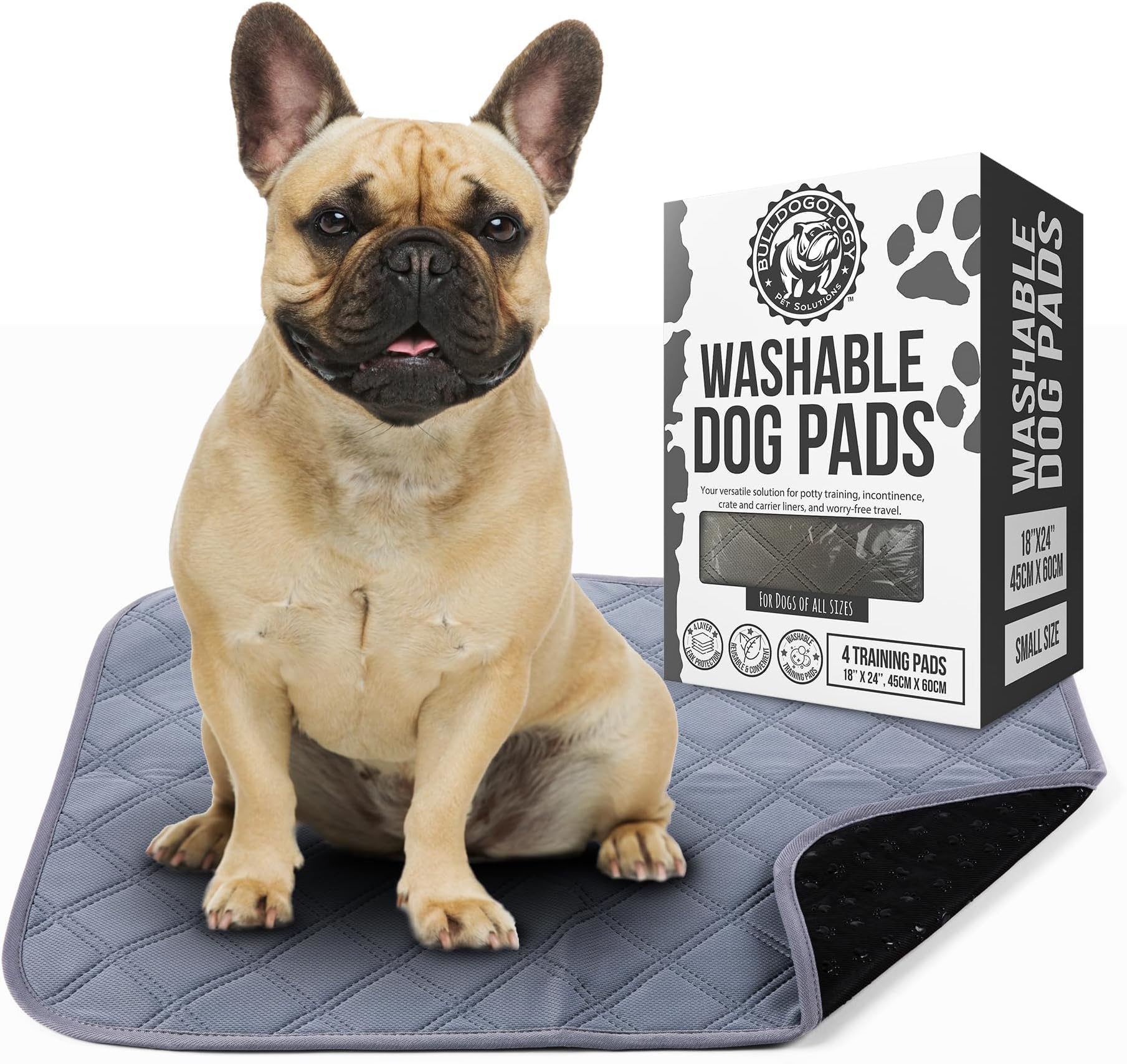 Bulldogology Pet Solutions Bulldogology Premium Washable Pee Pads for Dogs, Reusable Puppy Pads, Dog Training Pads, Waterproof Dog Mat (18x24) 4-Pack, WASH18x24