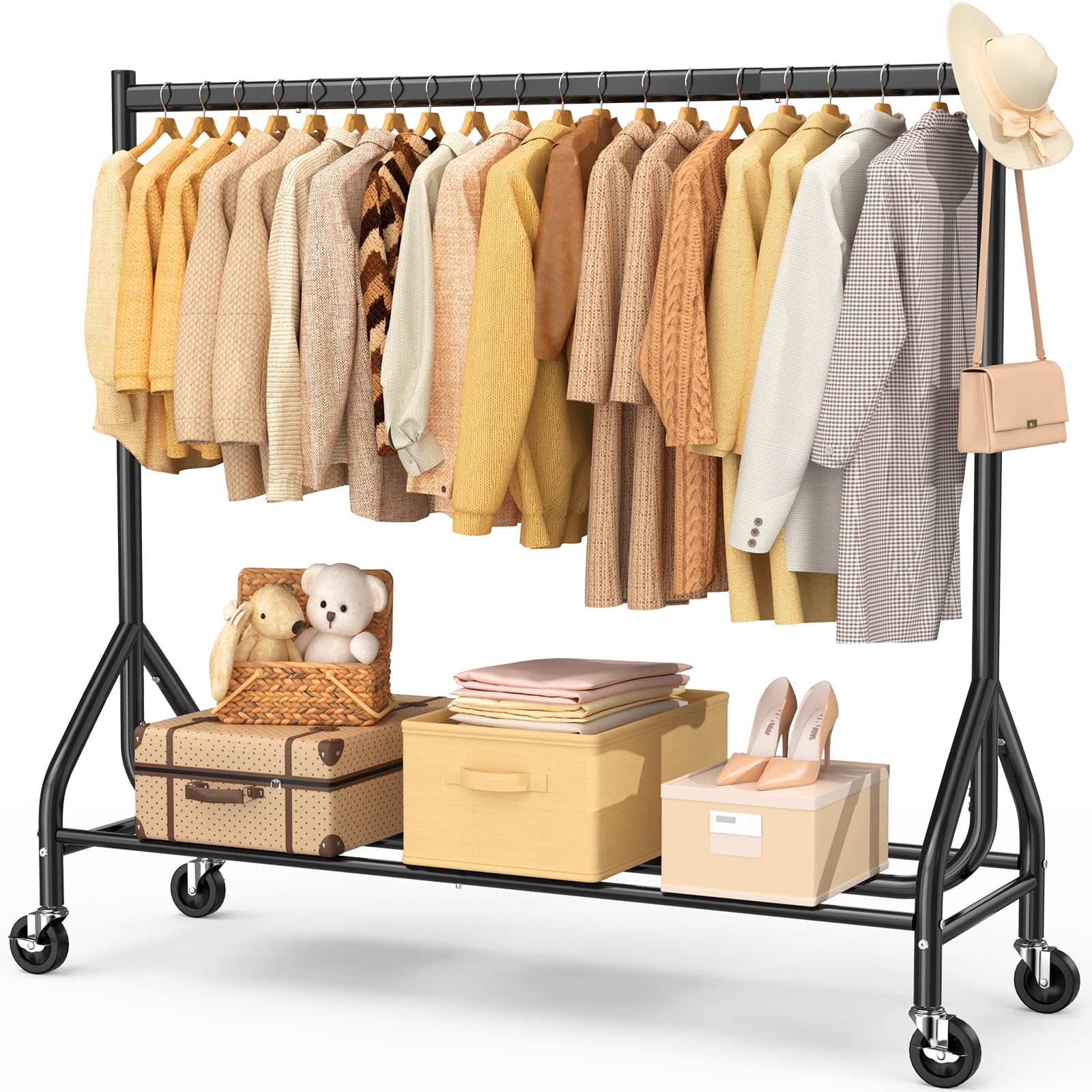 EAGMAK Heavy Duty Clothes Rack Load 420 LBS, Rolling Garment Rack with Lockable Wheels, Standing Metal Clothing Rack, Portable Wardrobe Sturdy Coat Rack for Hanging Clothes (Black, 59″×18.9″×63″)