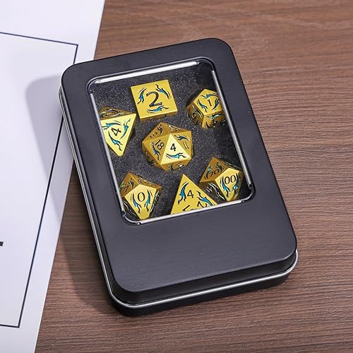 Miniatura 5 de DND - Juego de dados de metal, diseño de rayas metálicas con purpurina, juego de 7 dados poliédricos con caja de metal de regalo para juego de mesa