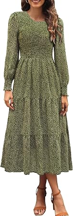 Zattcas Womens Spring Dresses 2026 Casual Long Sleeve Smocked Boho Floral Tiered Midi Wedding Guest Dress with Pockets