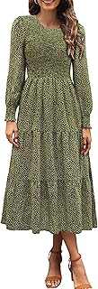 Womens Fall Dresses 2025 Casual Long Sleeve Smocked Boho Floral Tiered Midi Wedding Guest Dress with Pockets