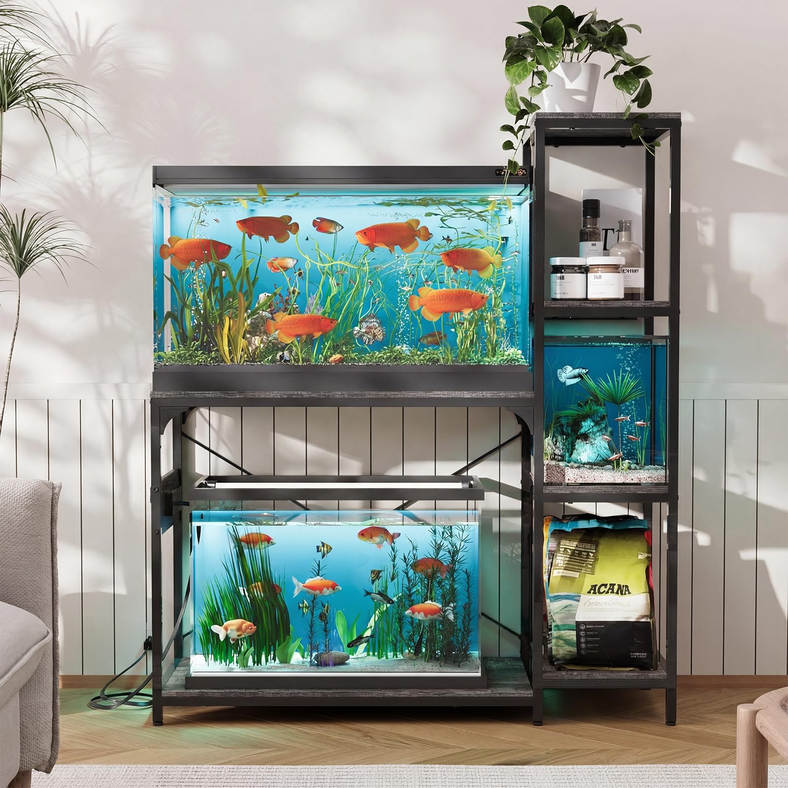 VOWNER Aquarium-Ständer mit Steckdose, Holz, mit Ablagen für Aquarium-Zubehör, robuster Metallrahmen, Schildkröten-Reptilien-Terrarium-Ständer, Tragkraft 227 kg, Grau